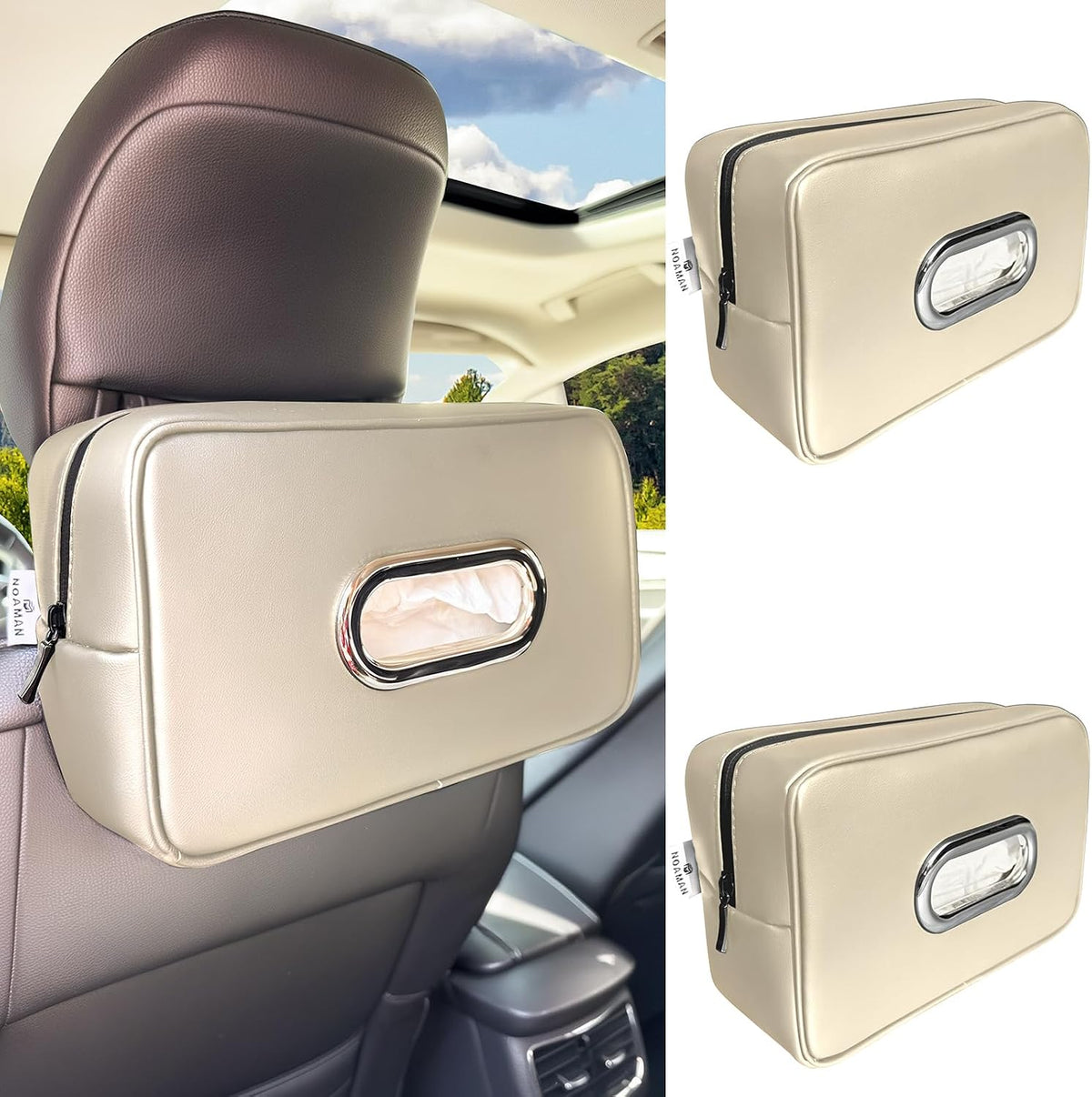 Noaman 2Pack Car Tissue Holder Leather, Car Kleenex or Napkin Holder Beige