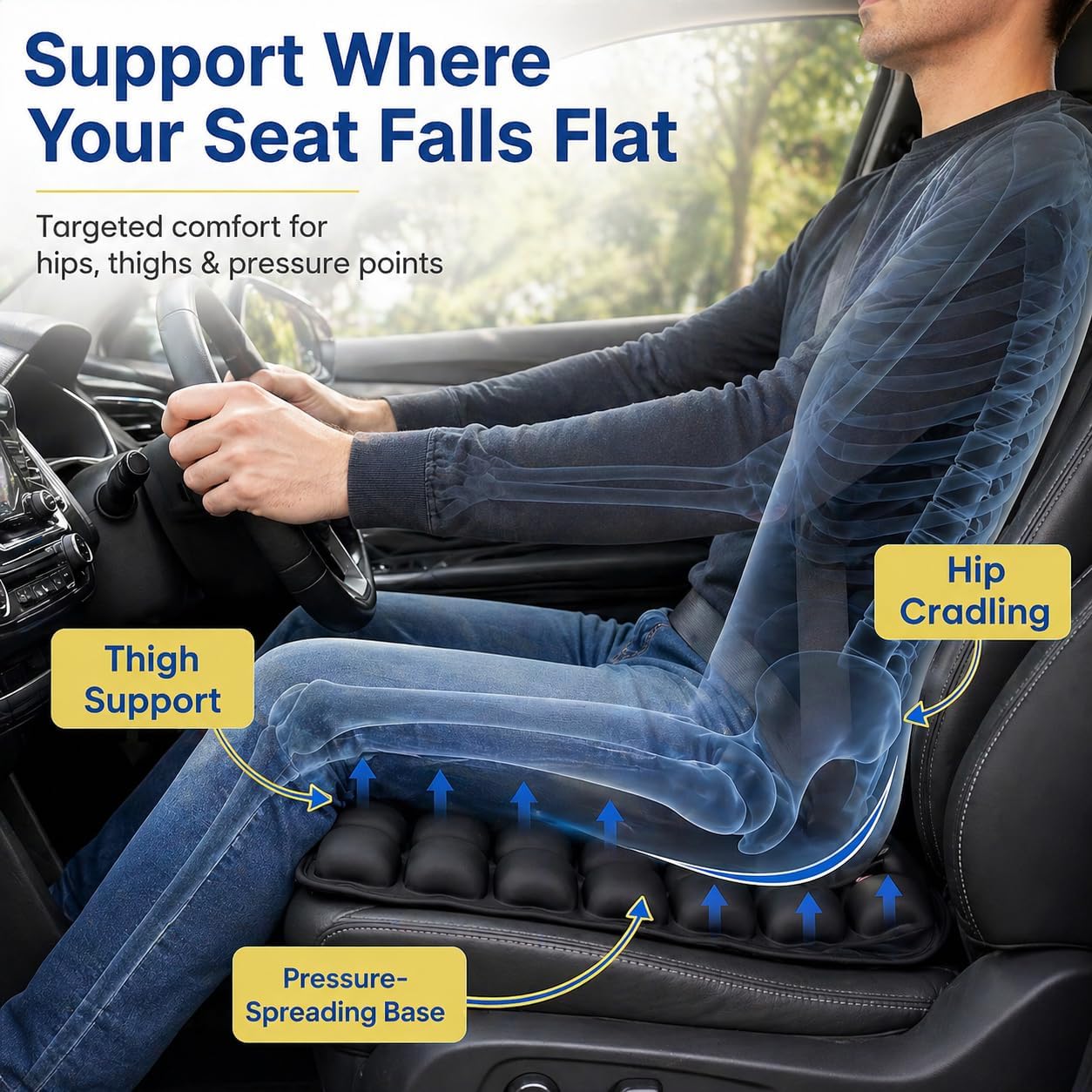 Car Seat Cushion for Long Drives, Seat Cushion for Car, Inflatable Car Seat Cushions for Driving, Adjustable Truck Driver Seat Pad for Auto, SUV, Office Chair, Built-in Pump, Black