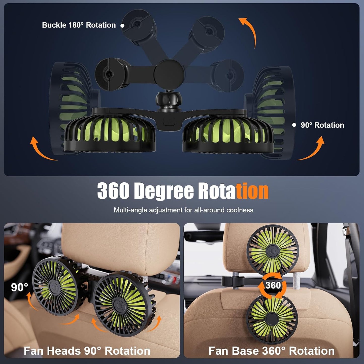 Hayousui USB Car Cooling Fans for Backseat: Dual Head Car Fan for Kids 3 Speeds 360° Rotatable Vehicle Rear Headrest Fans 5V/2A Powerful Electric Air Circulation Fan for Sedan SUV RV Truck (USB Plug)