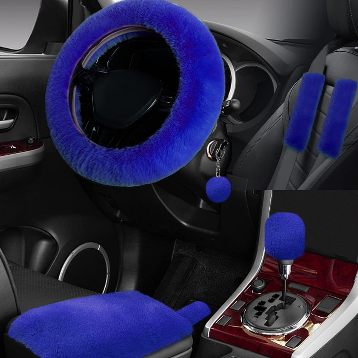 7PCS Set car Interior Aesthetic Accessories, Fluffy 15 inch Steering Wheel Cover, armrest pad, seat Belt Cover,Gear Shift Cover, Fit Girly car Accessories for Women.