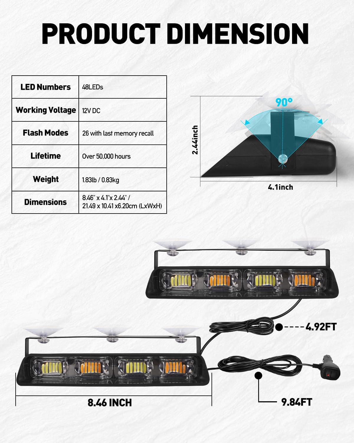 HLauto 2002L Emergency Dash Strobe Lights: Red Blue Safety Lights, Flashing Warning Hazard Windshield Visor Traffic Light Bars for Trucks, Construction Vehicles (2x8.5 inch, 48LED)
