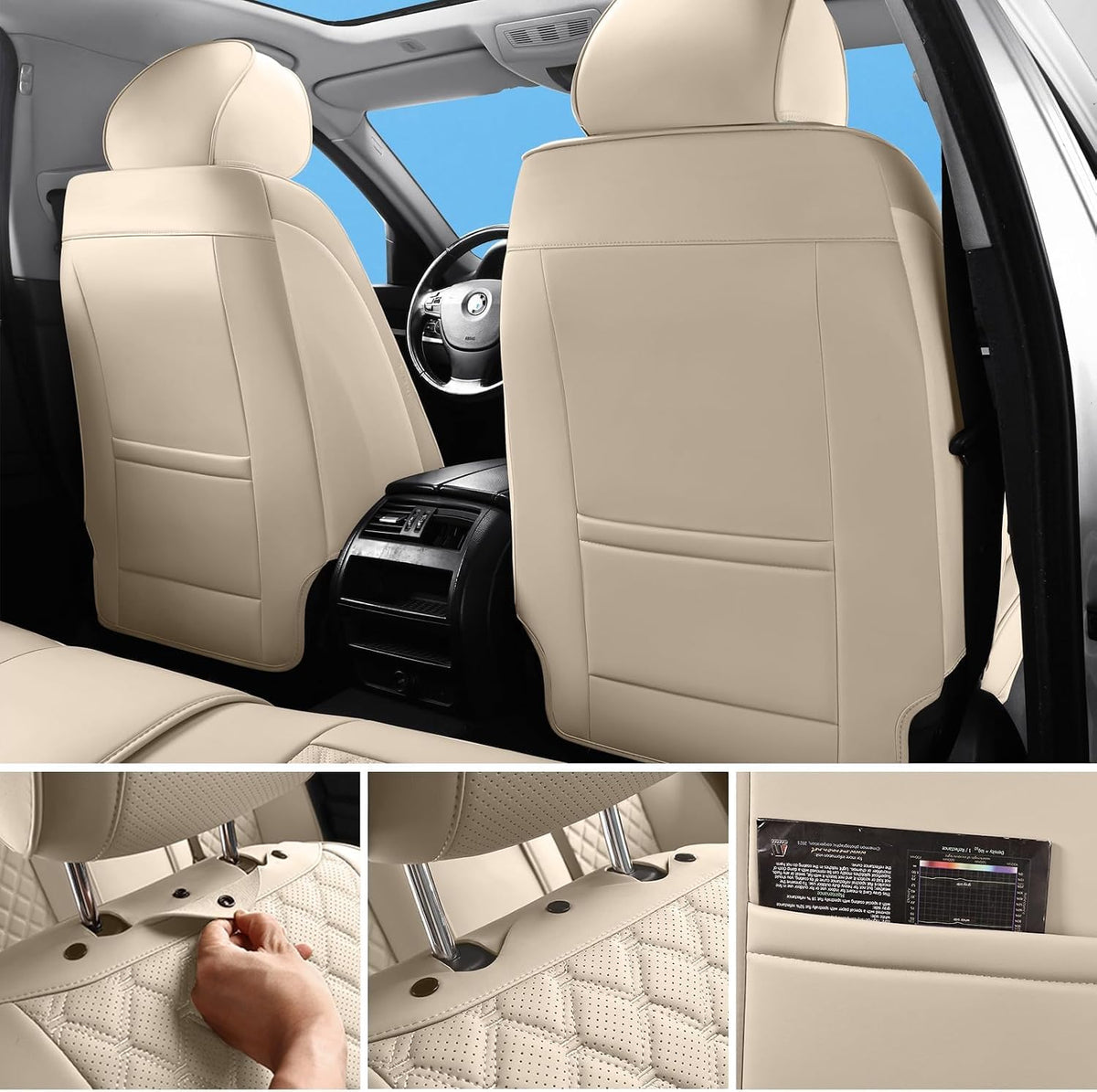 Car Seat Covers Full Set,5 Seat Leather Seat Covers for Cars,Front Seats and Back Seat Cover,Waterproof Car Seat Cushion Protectors,Universal Fit for Most Cars SUV Trucks (Beige, Full Set)