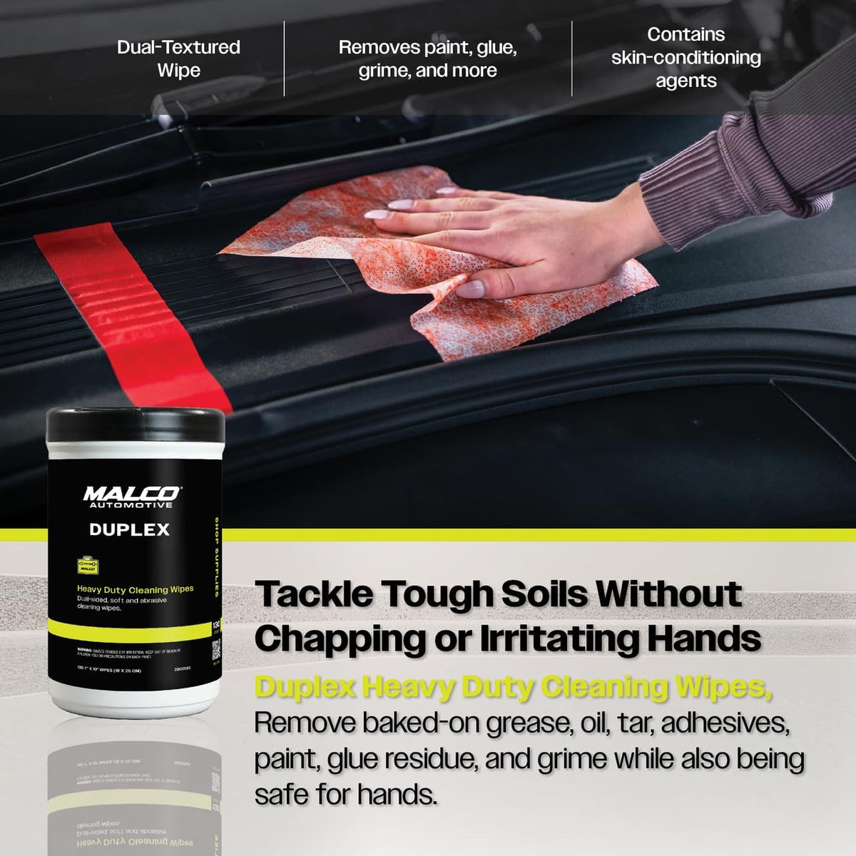 Malco Duplex Heavy Duty Cleaning Wipes for Home and Auto - Dual Sided Textured, Wet Wipe/Removes Grease, Tar, Paint, Oil, Dirt/No Residue/Safe for Hands/Made in USA (130 Wipes)