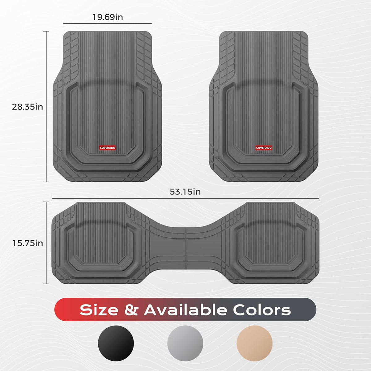 Coverado Heavy Duty Car Floor Mats, Deep Dish Car Mats Full Sets, Durable Waterproof Floor Mats, Trim to Fit Automotive Mats, Universal Car Accessories for Cars SUV Trucks Sedans Vans, Gray, 3pcs