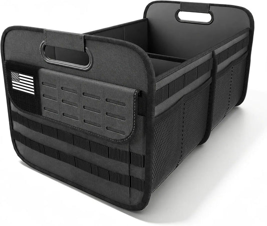 Sposuit Car Trunk Organizer for SUV - 70L Collapsible Tactical MOLLE Car Storage with Reinforced Handles & Multiple Pockets, Sturdy Trunk Organizers for Groceries, Tools & Outdoor Storage (Black)