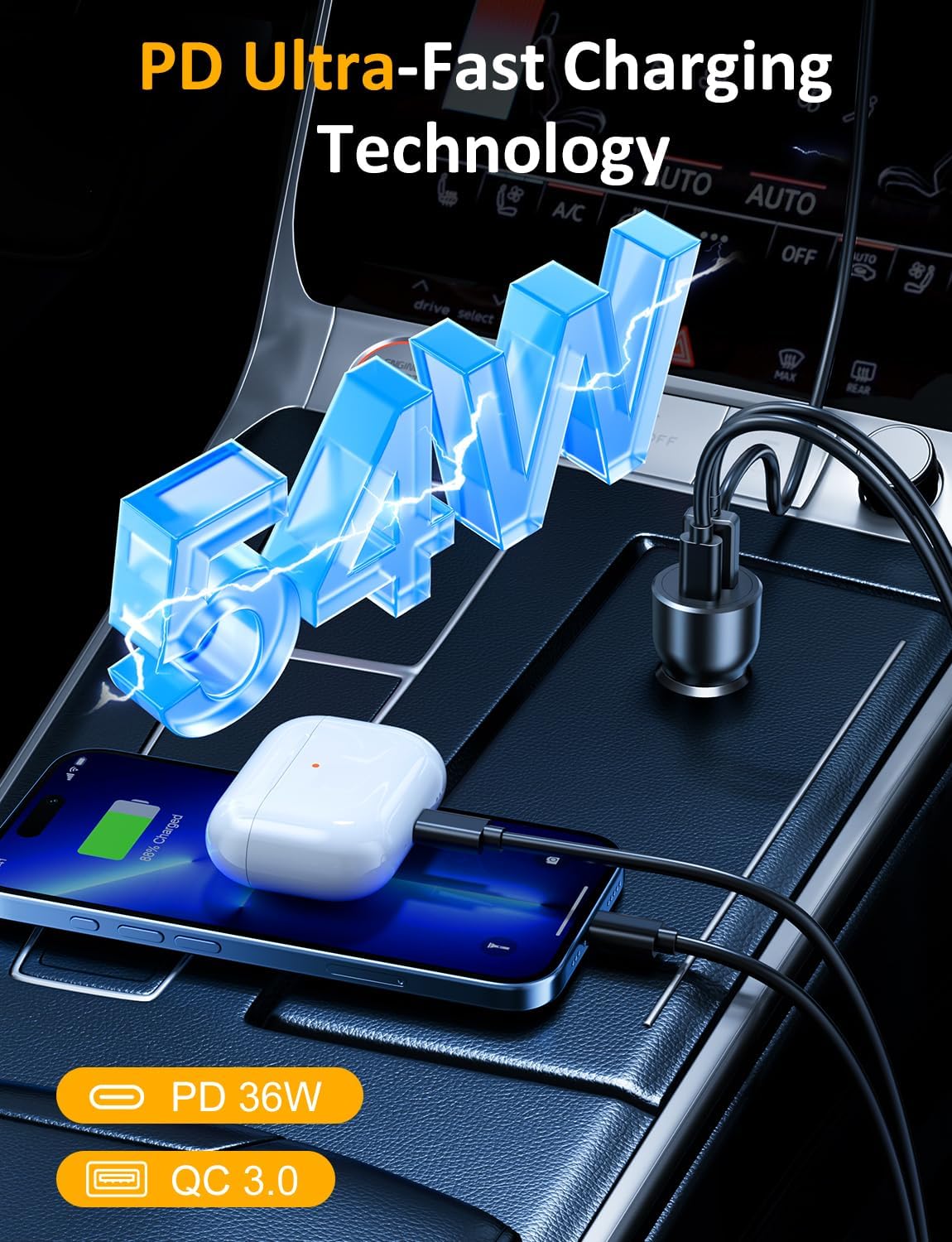 Bluetooth Car Adapter 3 in 1 FM Transmitter Car Radio Bluetooth Transmitter with Phone Holder, PD 54W Fast Charging, Strong Microphone, HiFi Bass Sound, Hands-Free Call, Support USB/TF Drive