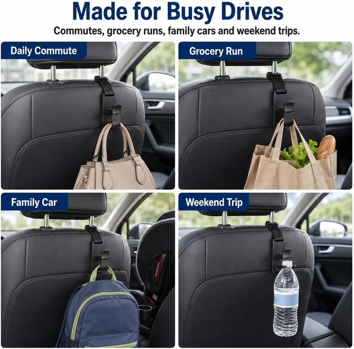 Headrest Hooks for Car, 4 Pack Bag & Bottle Holders