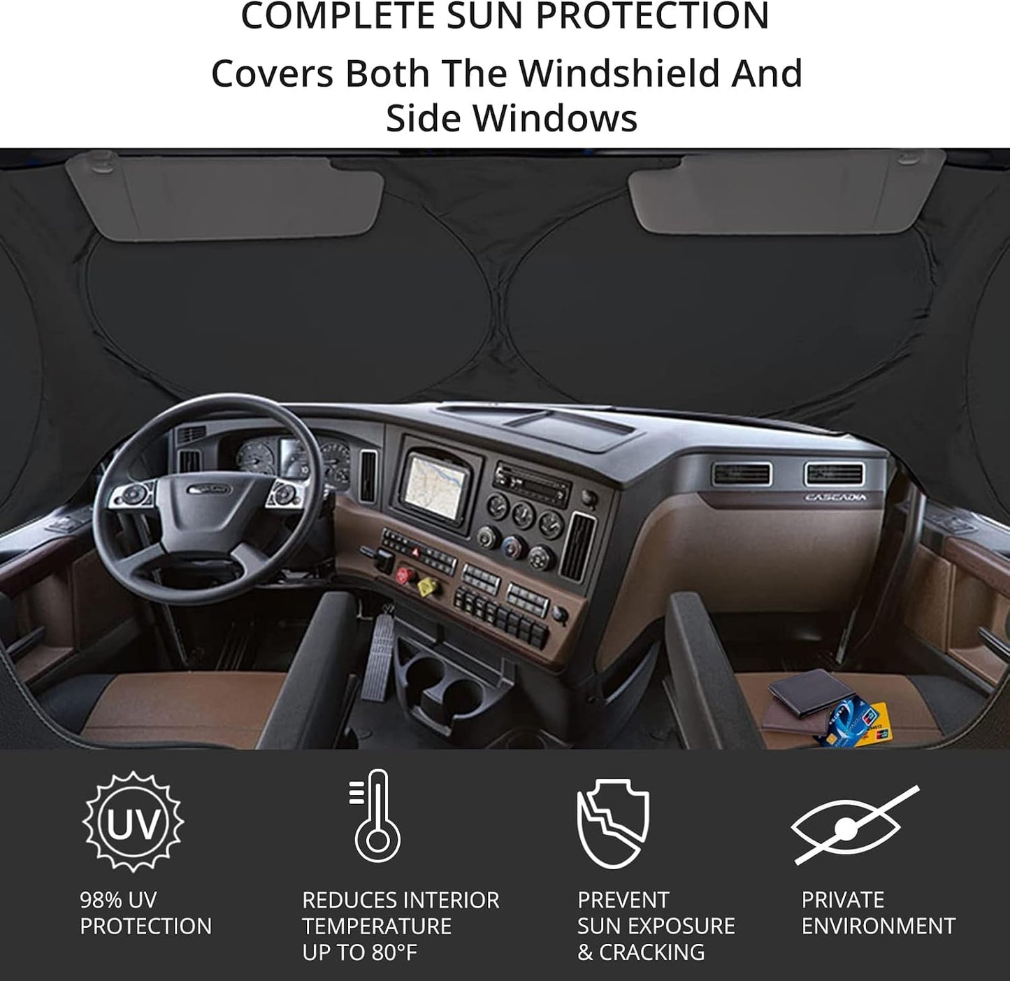 Semi-Truck Sun Shade for Windshield and Side Windows | 300T Sunshade Maximum Coverage | Block Sun Heat Rays |Fits for Semi, Commercial & Big Rig Truck, RV (Side Velcro)…