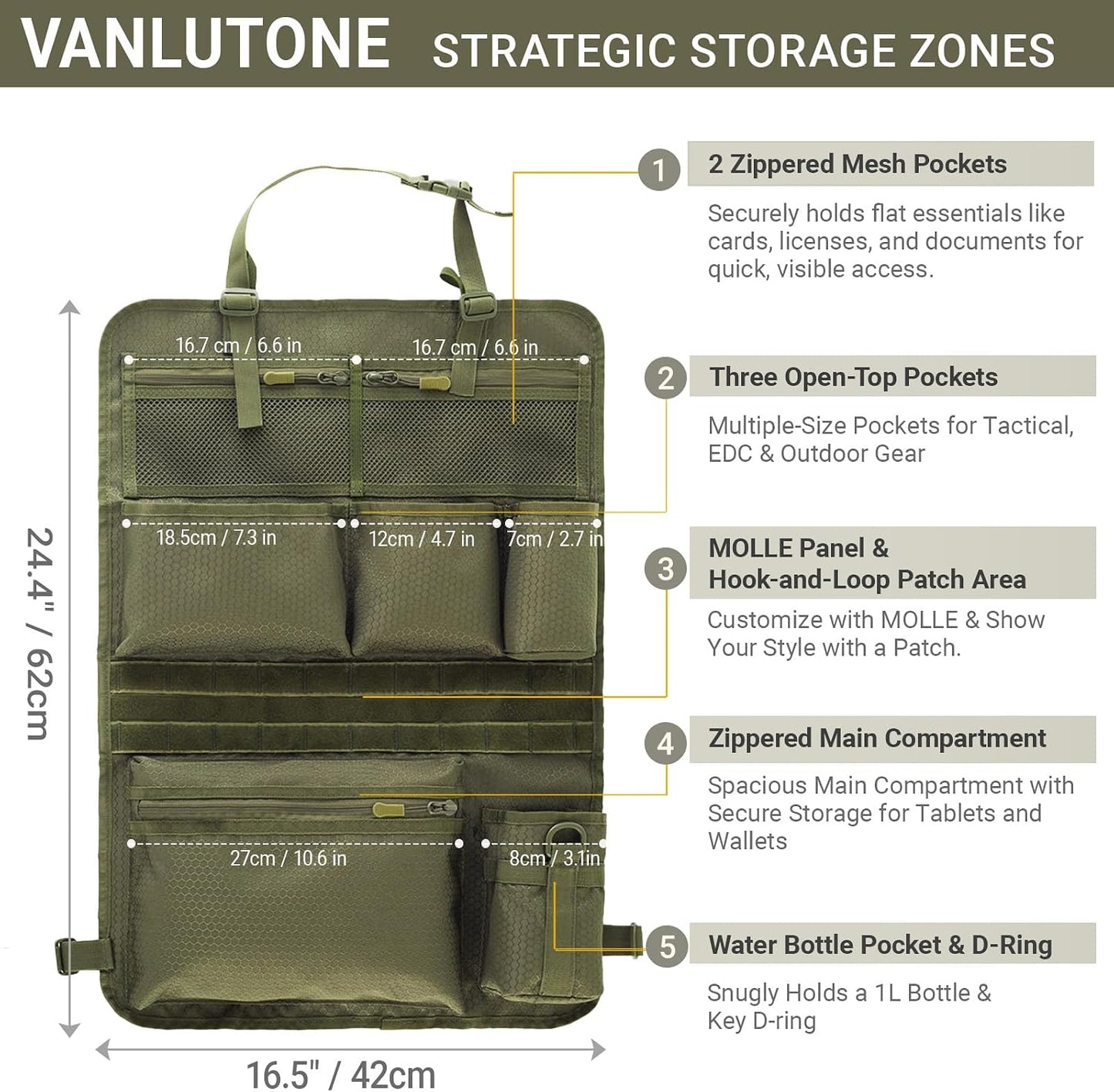 Tactical Car Seat Organizer with Multiple Pockets, MOLLE Panel System & Mesh Compartments, Durable Nylon Universal Vehicle Seat Back Storage with Cup Holder, Water-Resistant (Army Green)