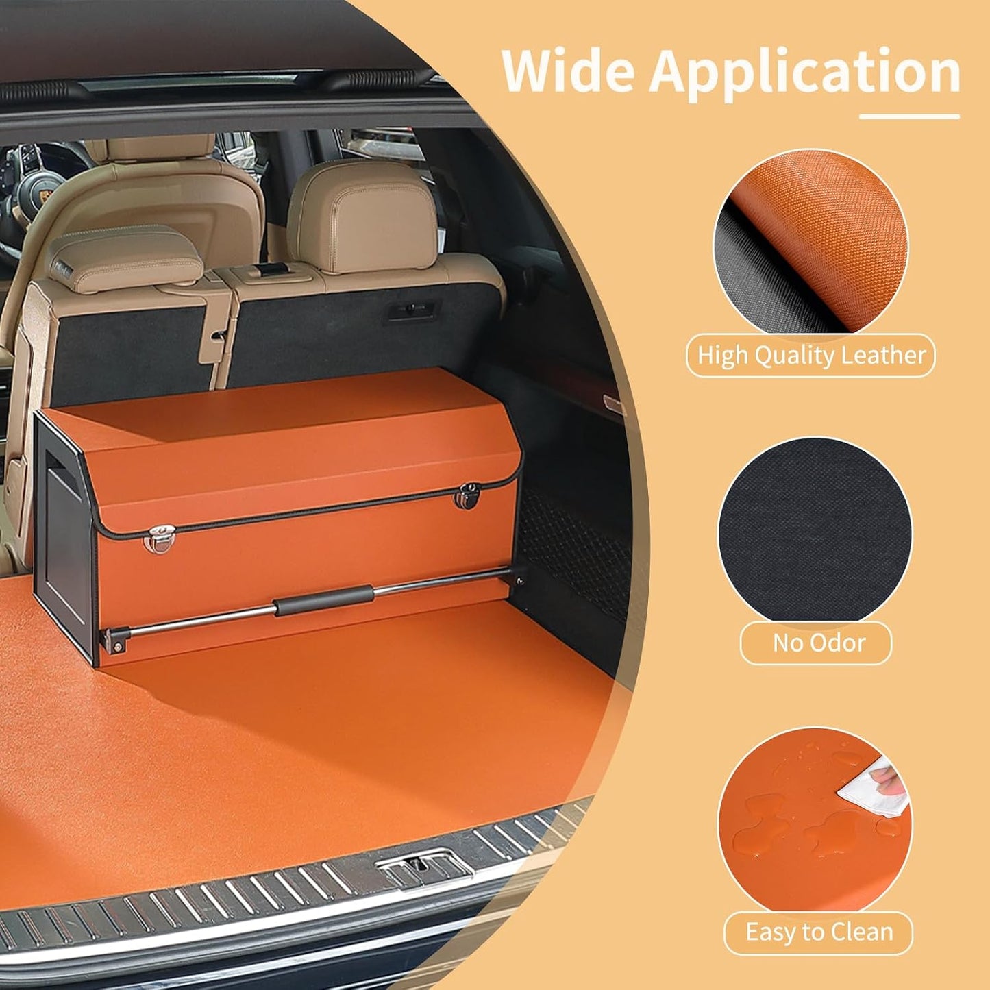 XCF Car Trunk Organizer for SUV, Collapsible Leather Car Storage Trunk Organizer with Lid and Sturdy Handle Car Trunk Leather Storage Box (Orange, 27.1 x 11.4 x 12.2in)
