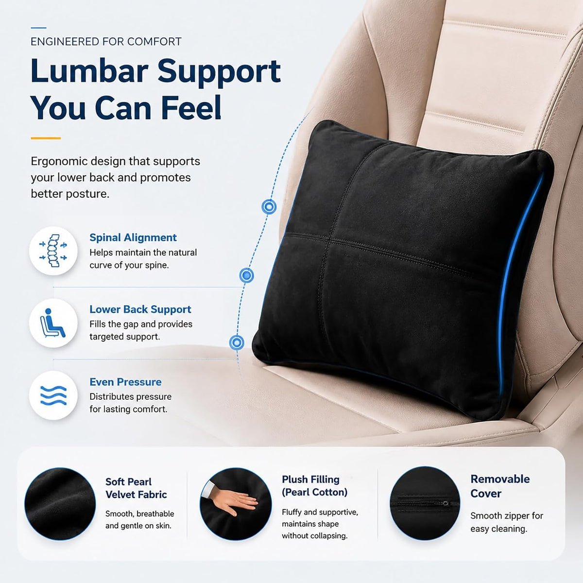2 PCS Car Pillow for Driving Seat Soft Suede Headrest Neck & Lumbar Support