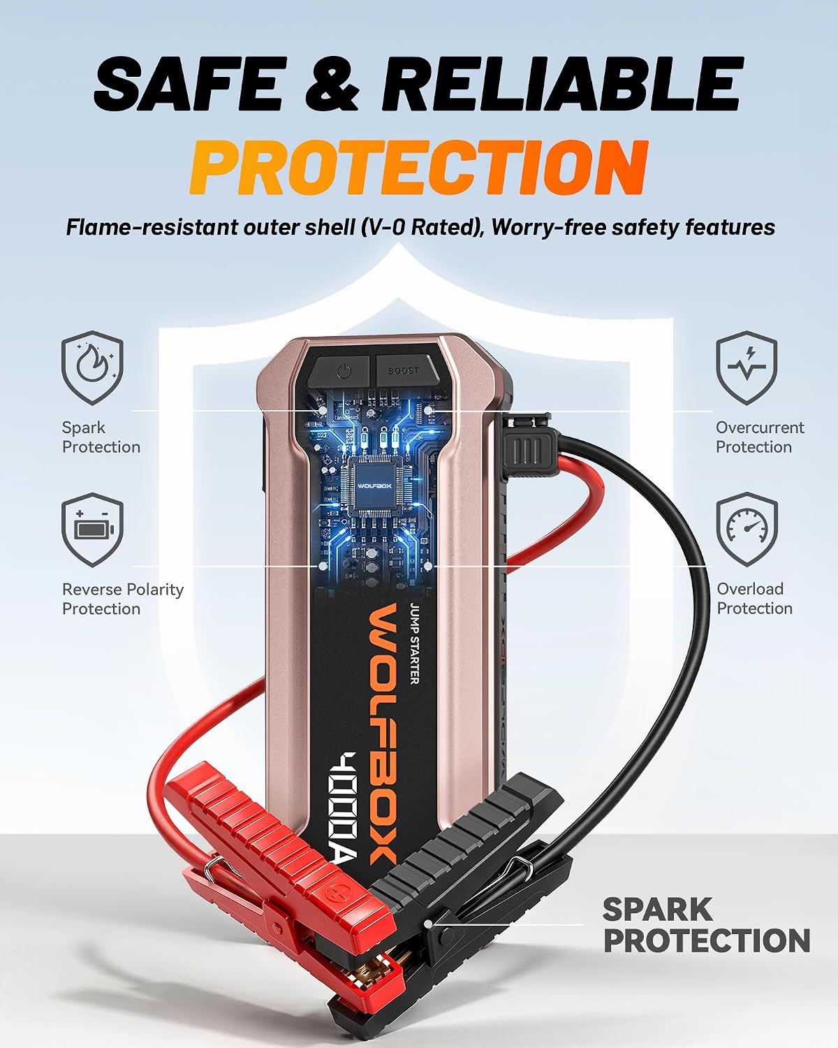 WOLFBOX 4000A Jump Starter,12V Pink Car Battery Jumper Starter Portable with 65W Quick Charger,88.8Wh Booster Jump Box Pack (10L Gas 10L Diesel Engine) with LED Light,Jumper Cables, Rose Gold
