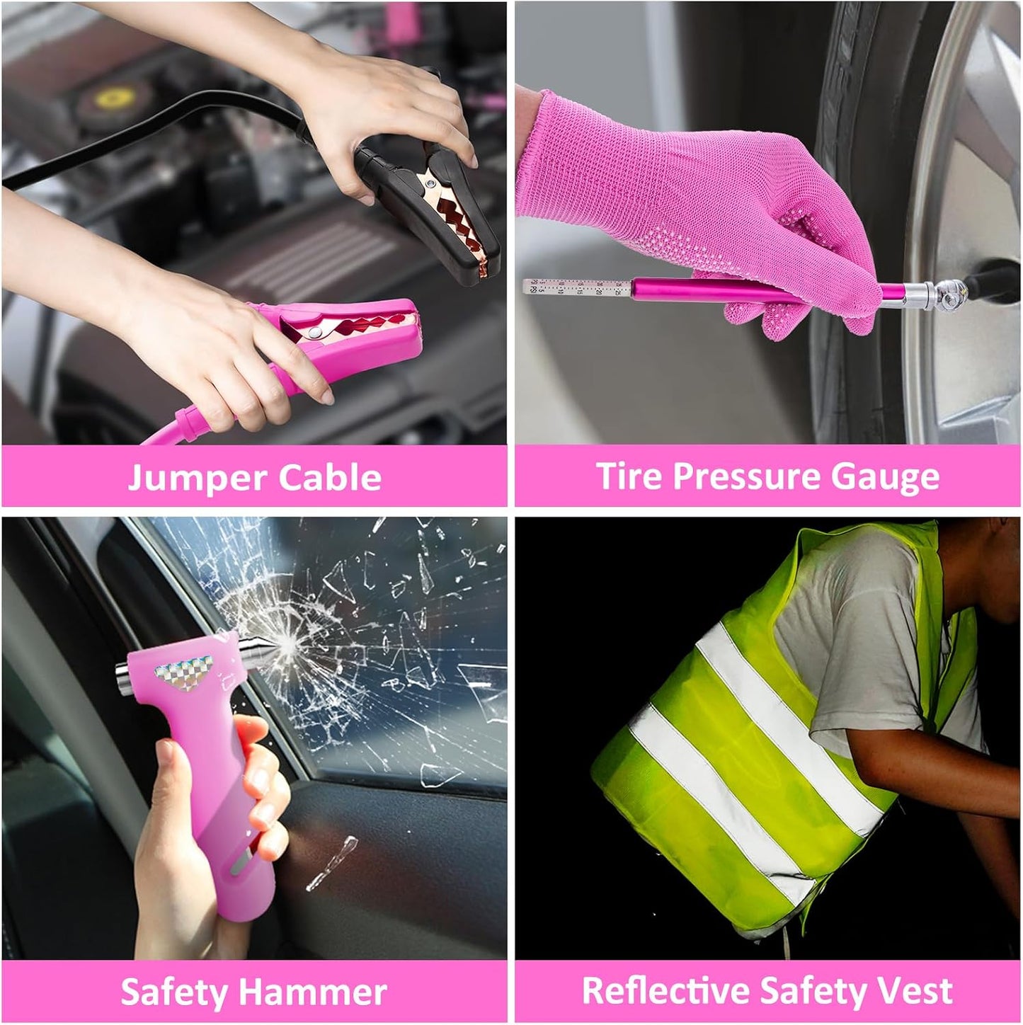 Car Roadside Safety Kit - 129pcs Pink Winter Emergency Road Side Assistance Kits Auto Essential Kit for Men, Women, Teen