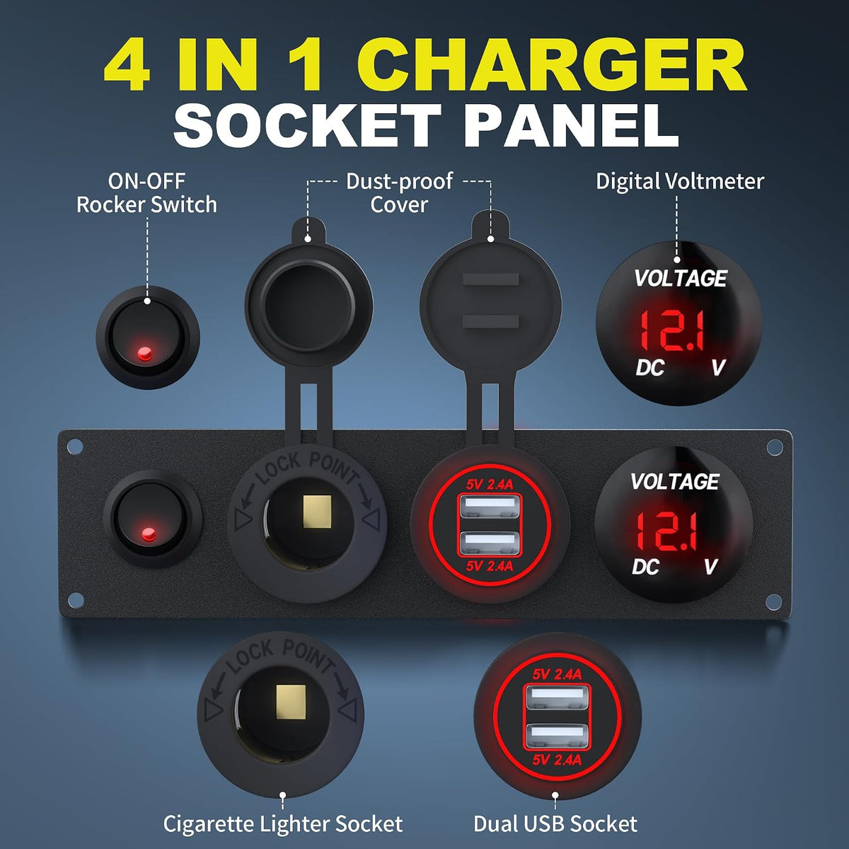 RVMARINEPAT 4 in 1 12V USB Panel with LED Voltmete & Dual USB Charger Socket Power & Cigarette Lighter Socket & Red LED Lighted Toggle Switch Panel for Boat Car RV Golf Cart ATV