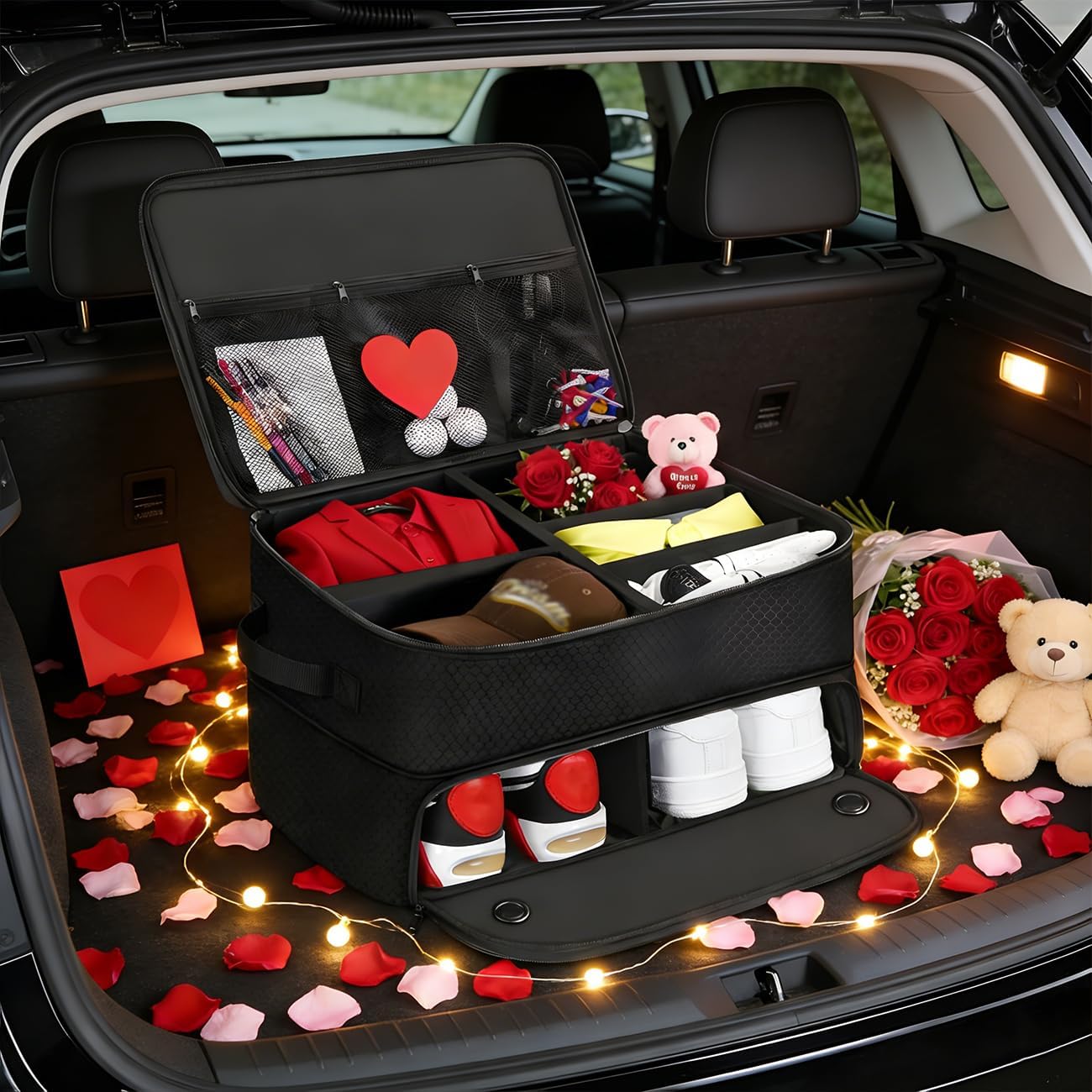 Golf Trunk Organizer 2 Layer with Separate Compartment for 2 Pair of Shoes, Golf Bag Storage for Car, Waterproof,Trunk Locker for Balls, Tees,Gloves
