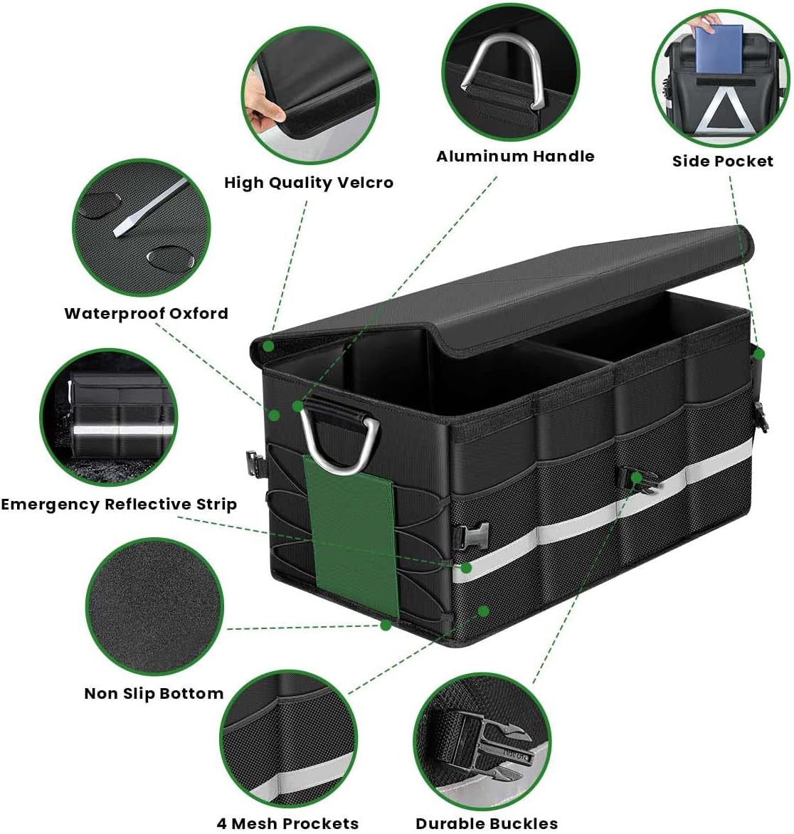 WINHUNT Trunk Organizer With Waterproof Bag, Collapsible Multi Compartment Storage for Car, SUV, Sedan, Truck - Non Slip Bottom, Aluminium Handle (Black, Large 66L)