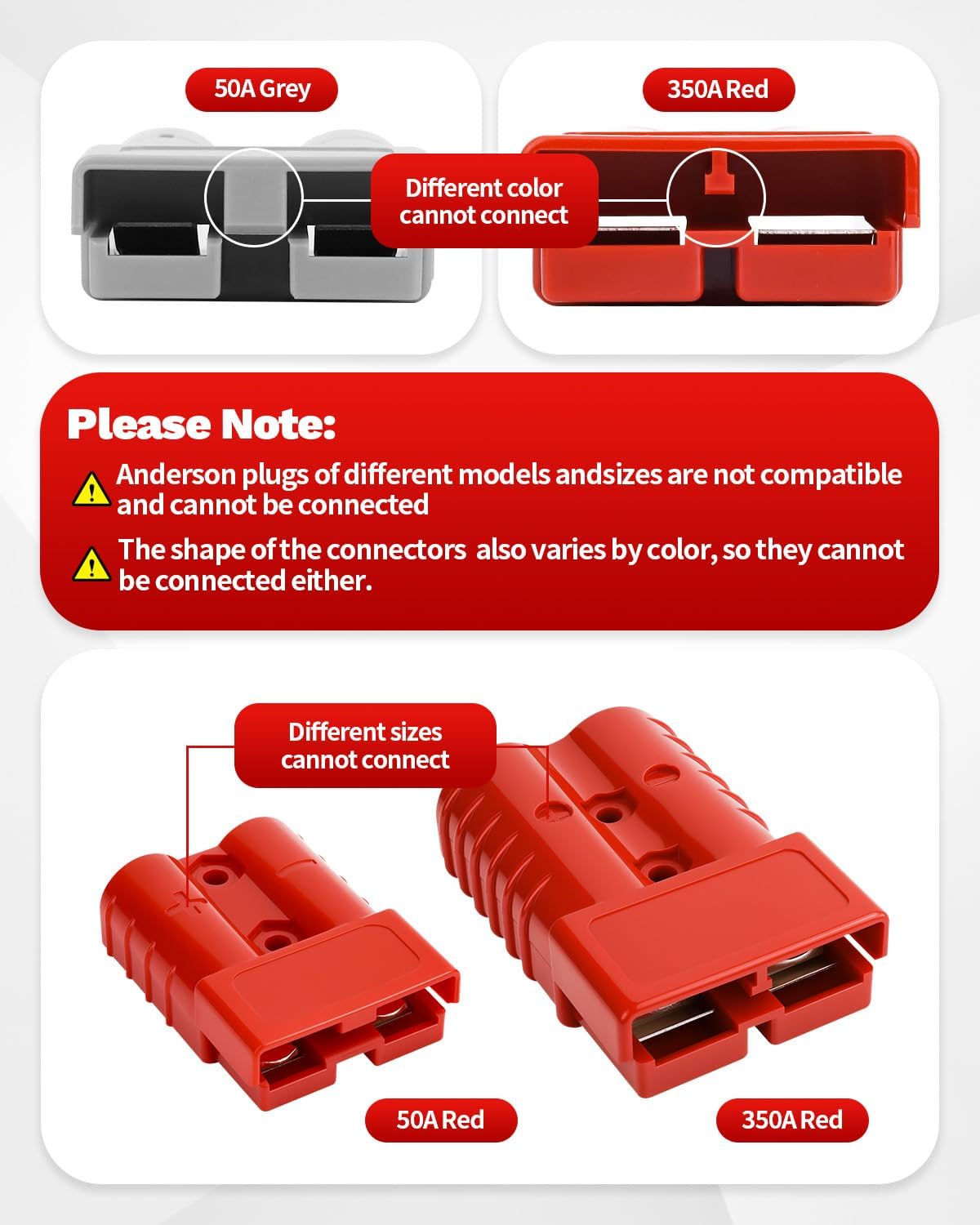 350A-600V Battery Quick Connect/Disconnect with 2/0 AWG, 6 PCS Jumper Cable Plug Connector, Compatible with Anderson Connector for Rescue Winch, Motor Recovery, Winch Trailer, Traction System (Red)