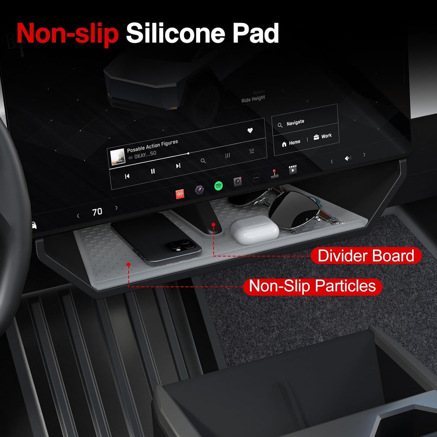 Under Screen Organizer for 2024-2026 Cybertruck Accessories, Center Console Storage Box with Anti-Slip Lining (Dual Motor/Premium AWD & Cyberbeast)