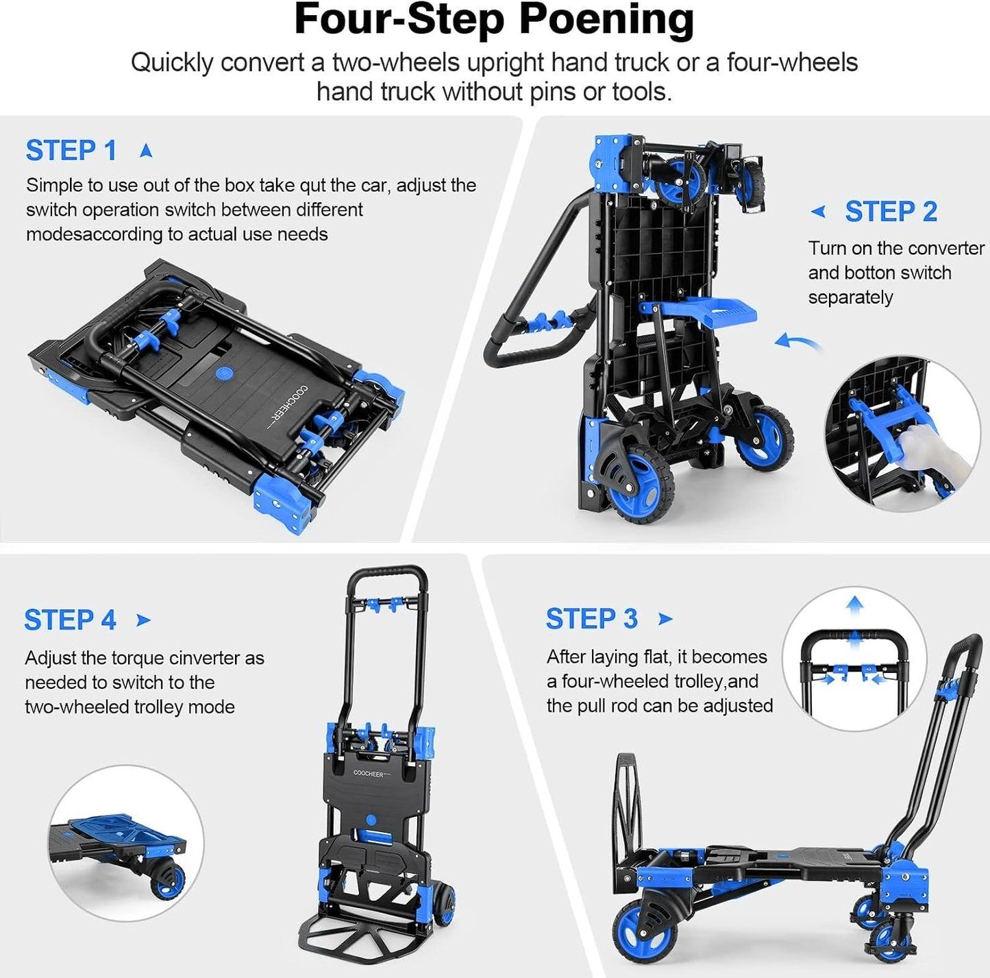2-in-1 Folding Hand Truck Dolly with Basket, 330LB Load Carrying, Foldable Dolly with Retractable Handle and 4 Rubber Wheels, Portable Hand Cart for Moving/Travel/Office(Blue Upgrated)
