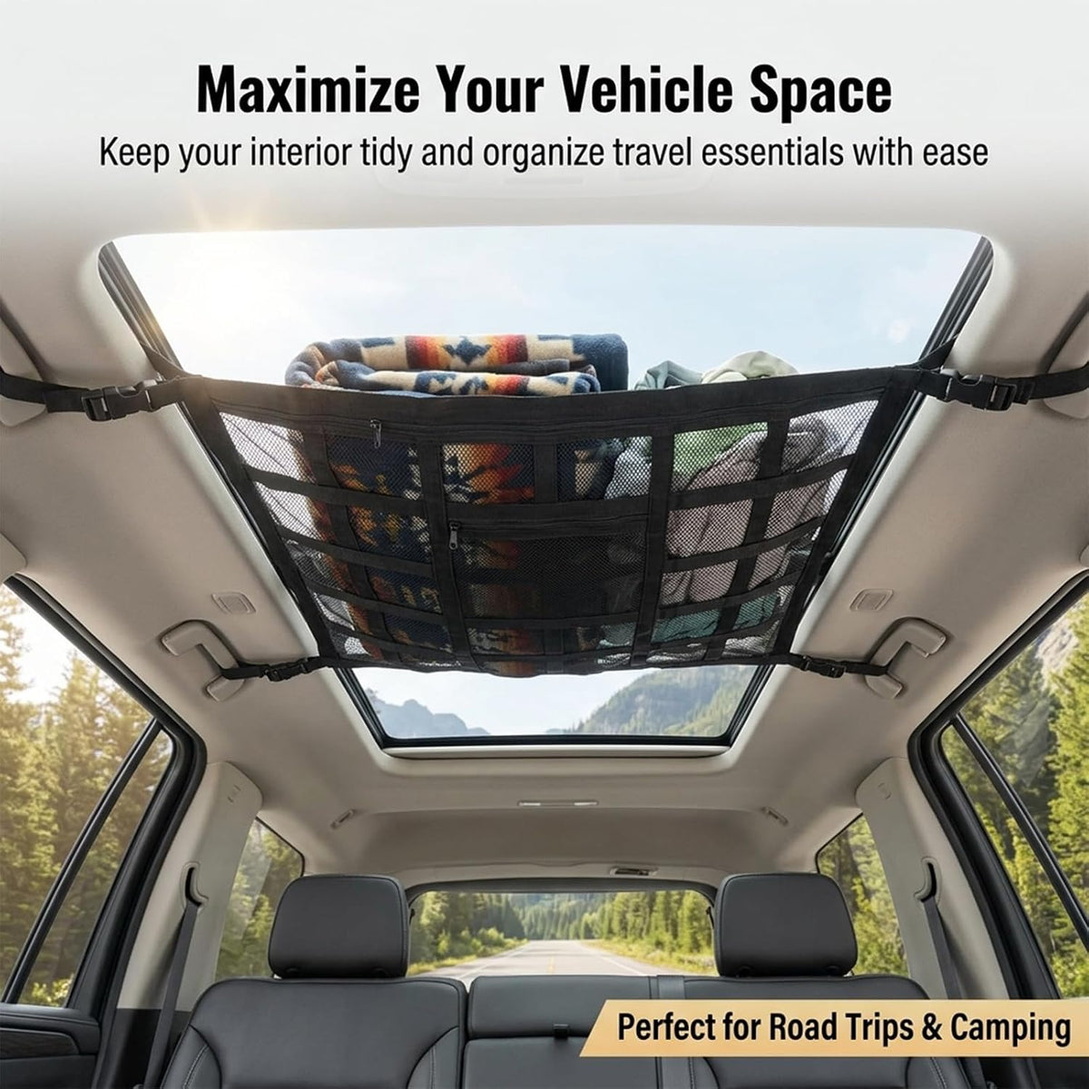 Car Ceiling Cargo Net, 30" x 21.2" Adjustable Double-Layer Mesh Roof Organizer, Versatile Storage Solution for Cars, SUVs and Trucks, Van Life Accessories for Travel and Camping
