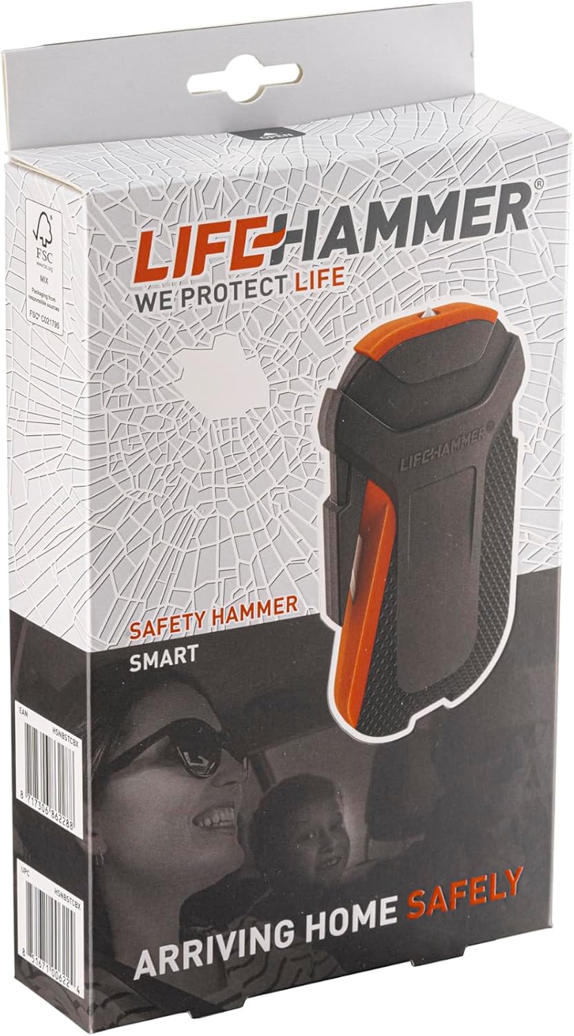 Lifehammer Smart Automatic – Window Breaker Seatbelt Cutter, Emergency Car Window Breaker for car Escape Tool, Anti-Slip Grip with Car Mounted Retail Pack (Orange-Black)