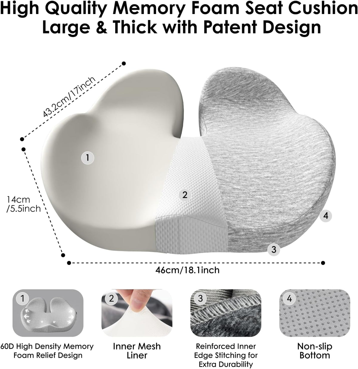 Car Seat Cushion, Memory Foam Cushion with Carry Handle for Drivers, Orthopedic Sciatica & Tailbone Pain Relief for Long Driving, Comfort