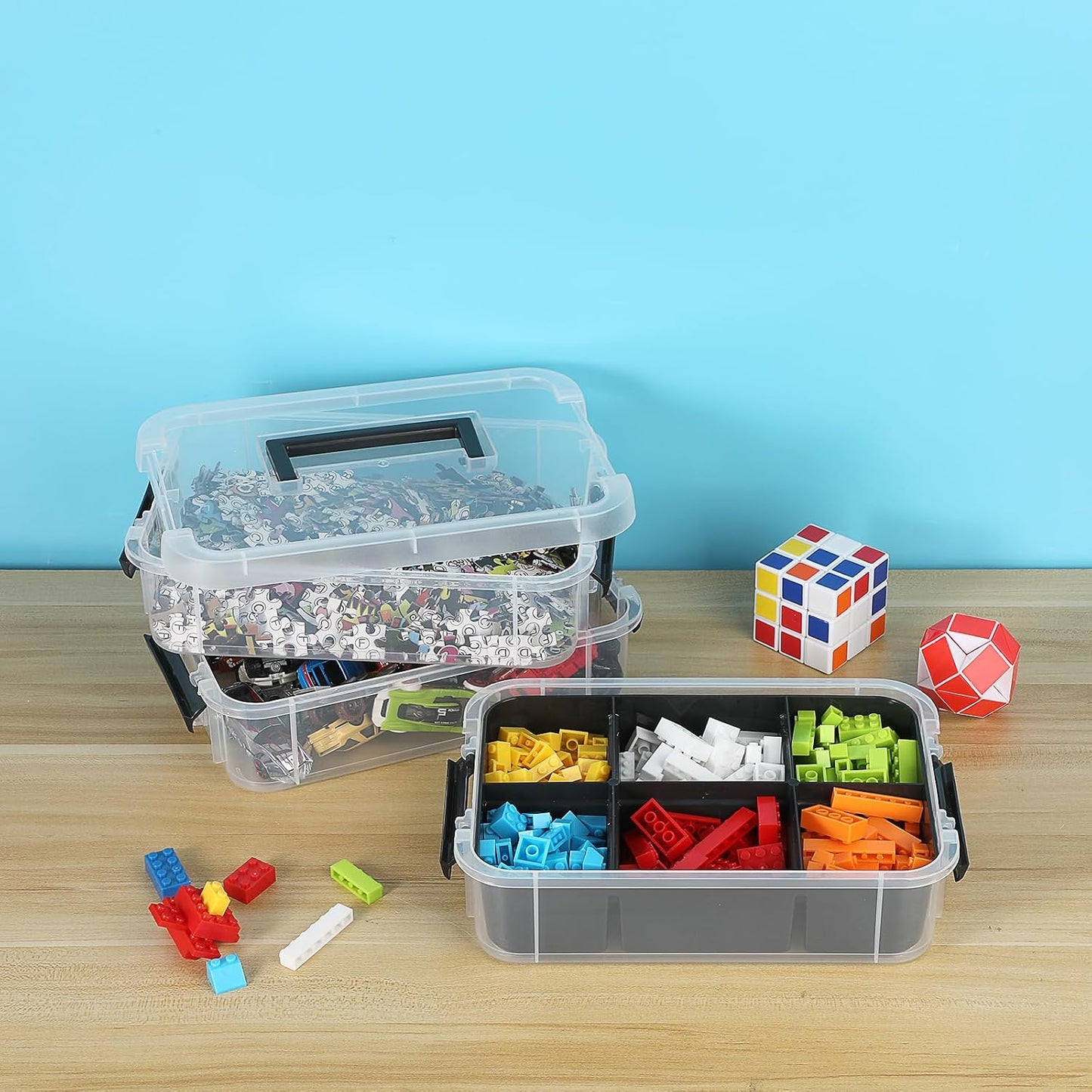 JUXYES 3-Tiers Plastic Stack Carry Storage Containers Box wih Handle Lids | 2 Pack Clear Stackable Craft Organizers and Storage Bin with Tray for Organizing Stationery, Sewing, Art Craft, DIY Supplies