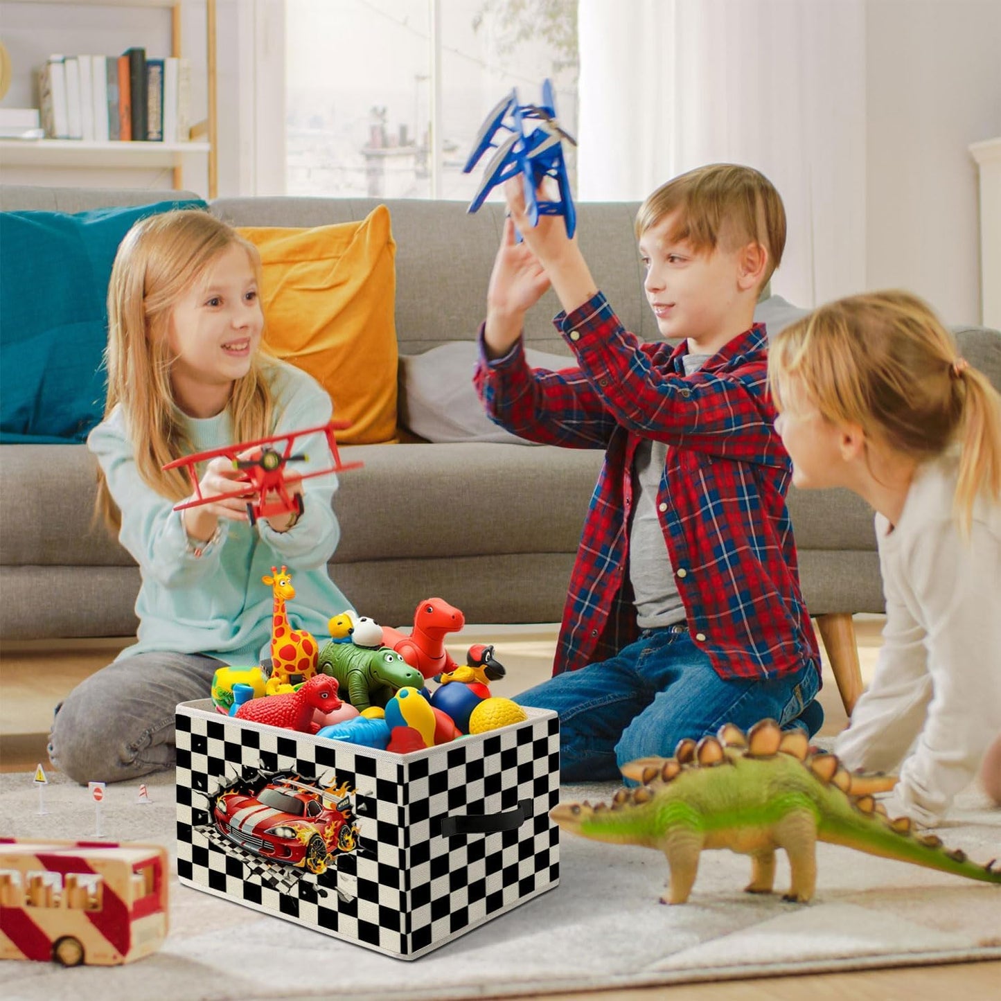 Racing Storage Bins Box,Race Car Room Decor | Ready Set Go Black Checkered Foldable Collapsible Storage Basket Organizer for Kids Nursery Bedroom Toys Playroom