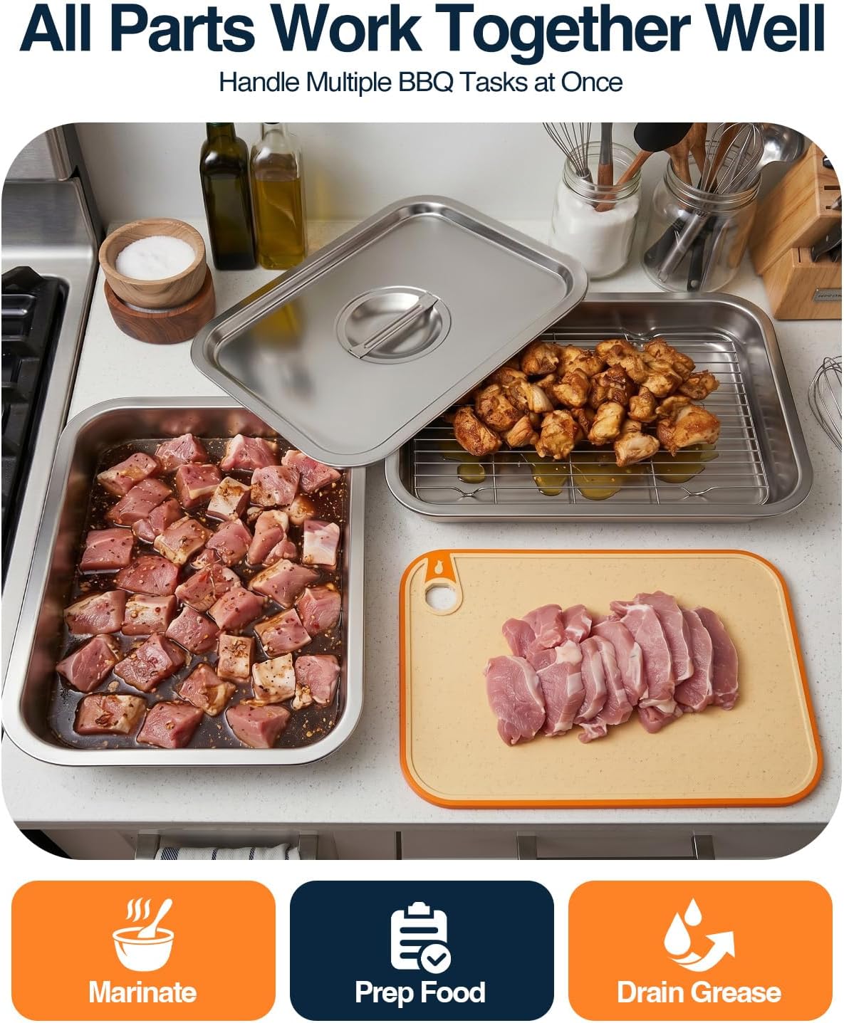 5 in 1 Grill Prep Tray and Carry System, Large Grilling Prep and Serve Trays with Lid and Cutting Board, Deep Meat Marinating Container as BBQ Grilling Gift, Home Series, XL