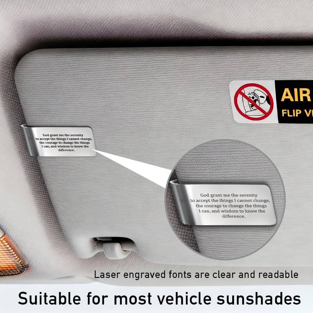 God Grant Me The Serenity to Accept The Things I Cannot Change Engraved Stainless Steel Car Visor Clip, Inspirational Safe Driving Gifts for Family Friend Driver, Drive Safe God Prayer Gifts