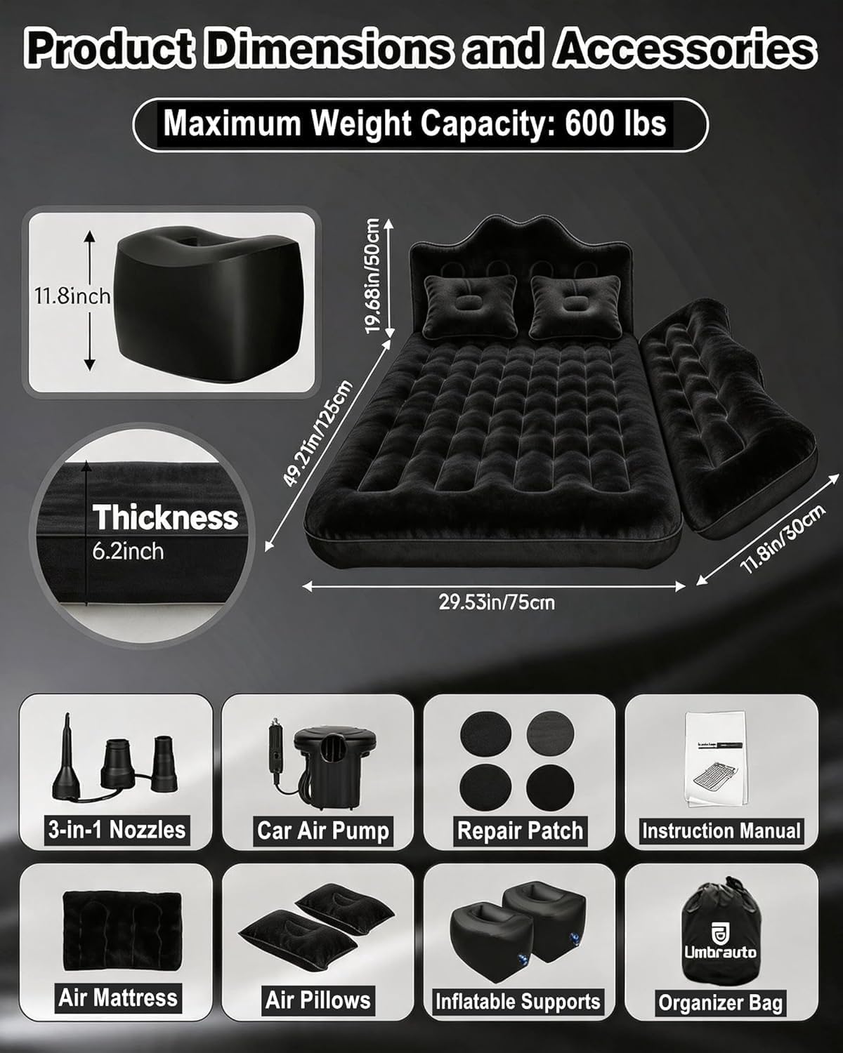 Umbrauto Car Air Mattress Backseat| Inflatable Truck Back Seat Camping Airbed for SUV Rear Seat, Blow Up Sleeping Travel Bed for Van Trunk with Pump & Pillows