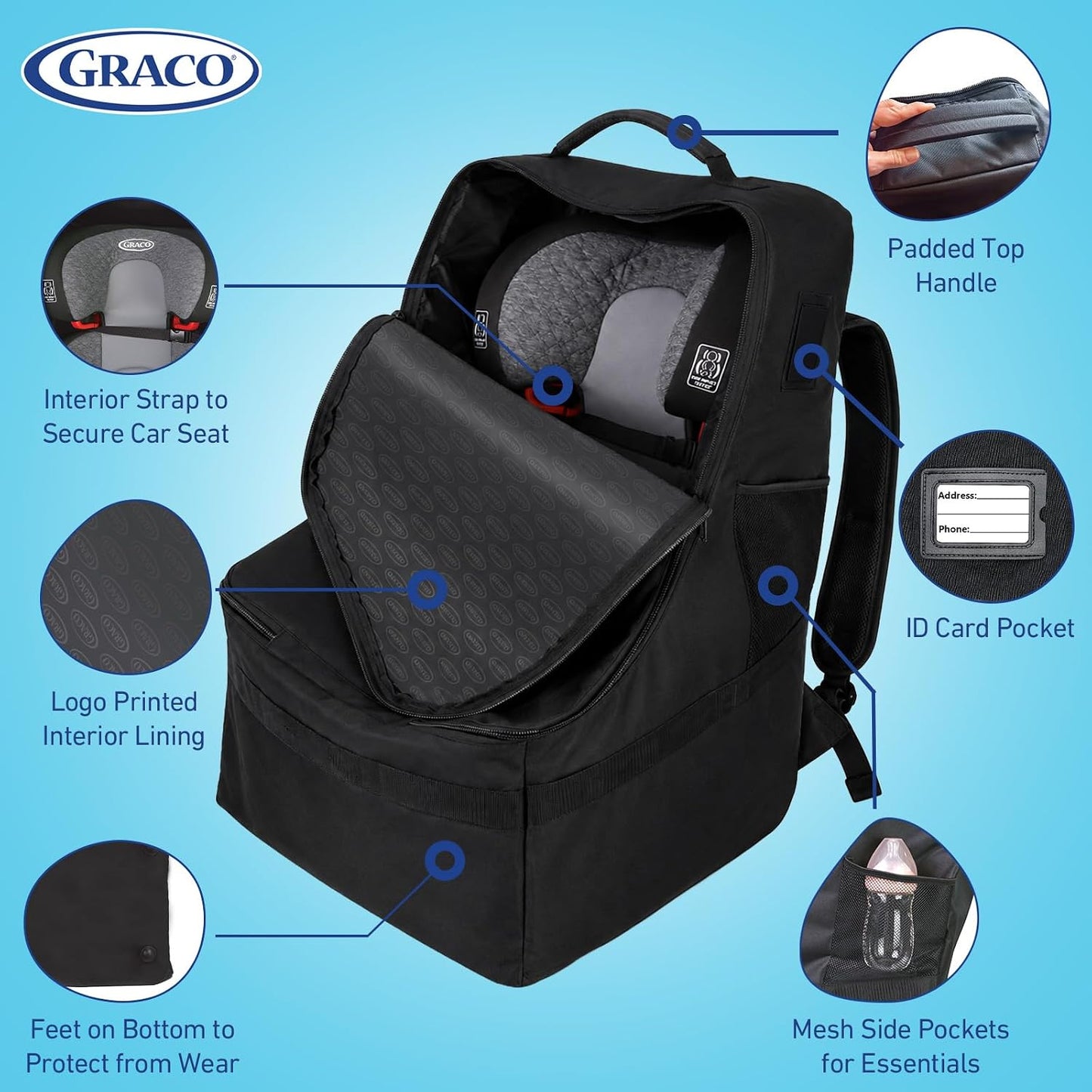Graco Padded Car Seat Travel Bag & Infant Carrier Backpack, Black | Durable Large Back Pack, Double Padded Strap, Water Resistant Material, Airport Gate Check Bag