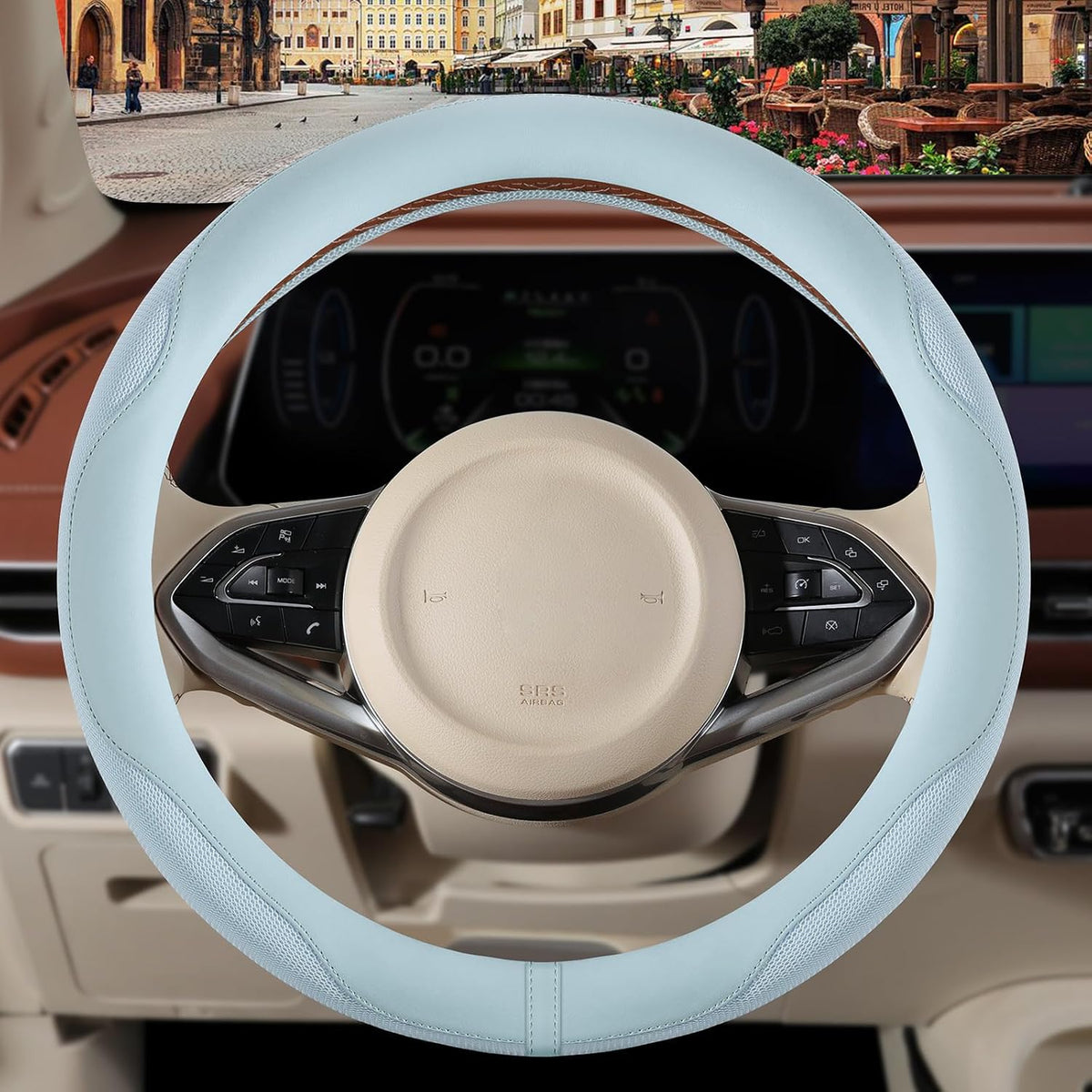 Nappa Leather Ice Silk Fabric Blue Steering Wheel Cover