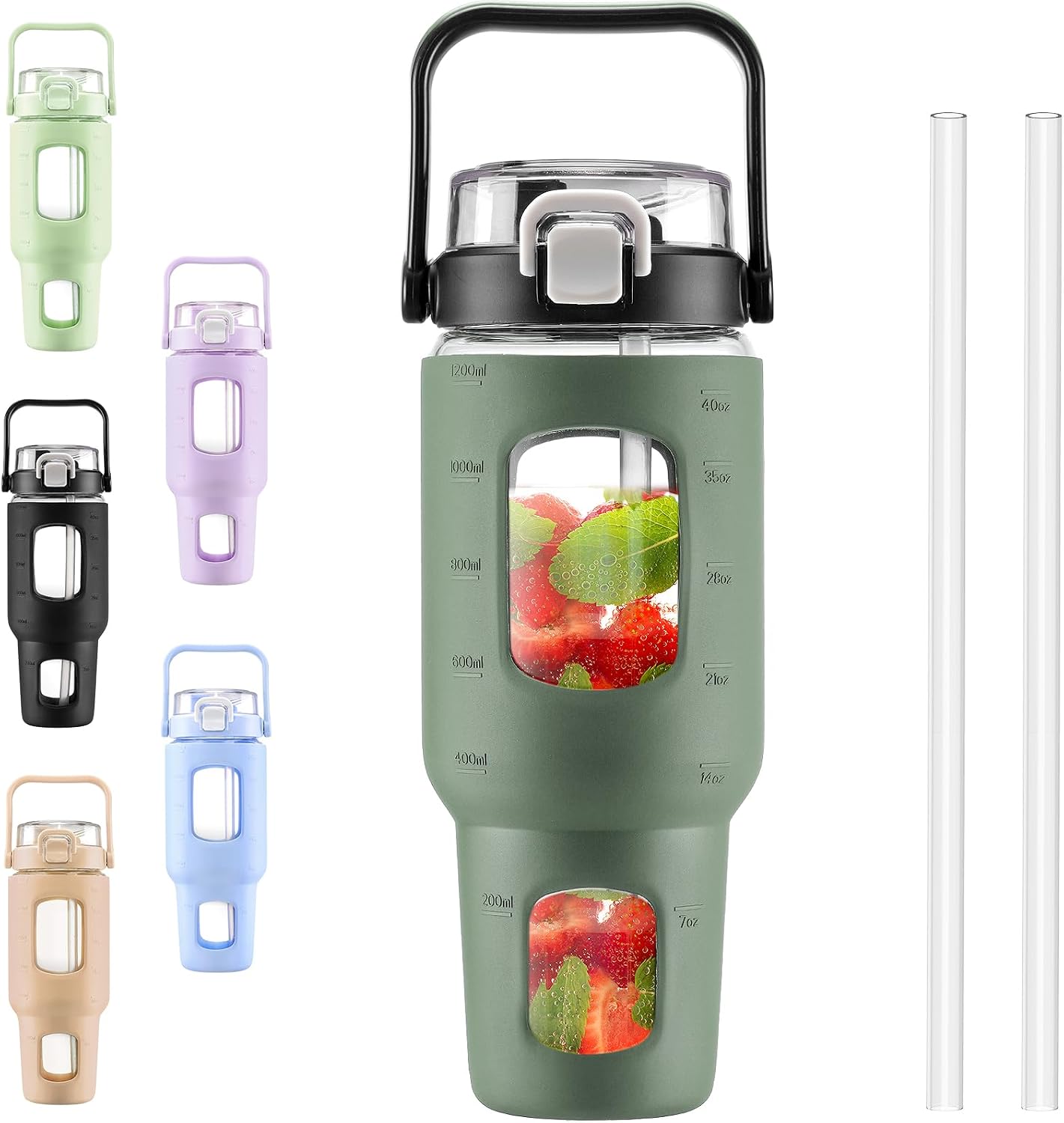 BLUEGO 40 oz Glass Water Bottles with Straw Time Marker, Glass Tumbler with Handle Top Lids, Easy to Clean, Fits in Car Cup Holder, Leakproof Jug for Gym, Sports, Workout & Daily, 02 Olive