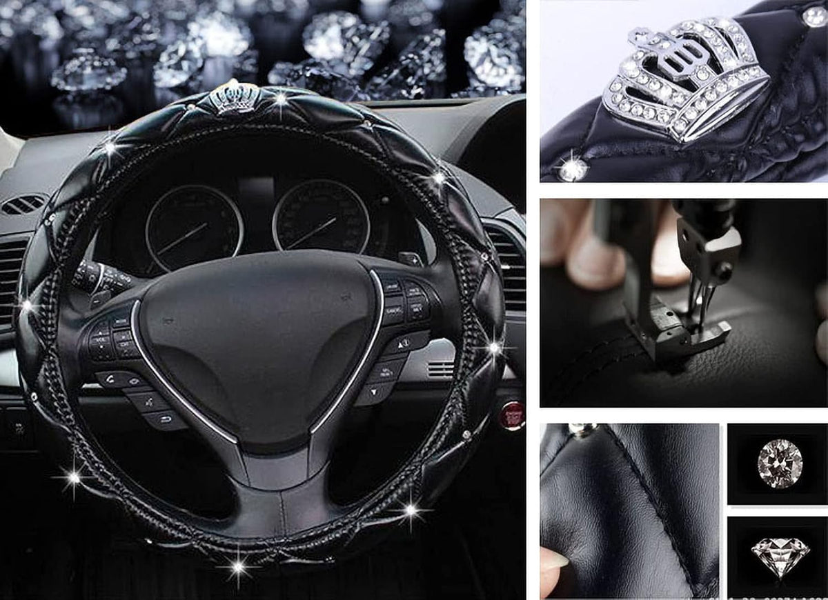 Diamond Black Leather Bling Steering Wheel Cover for Women Car Steering Wheel Protector Queen Rhinestones Anti-Slip Universal Fit 14 1/2-15 inch