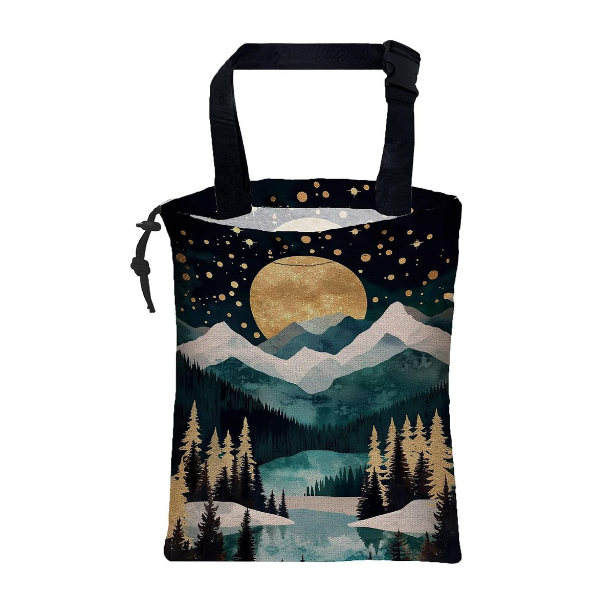 Car Trash Bag Golden Moon Snowy Mountains Hanging Drawstring Car Organizer and Storage Bag with Adjustable Buckle Canvas Garbage Bin for Back Seat or Hanging Headrest Car Decor