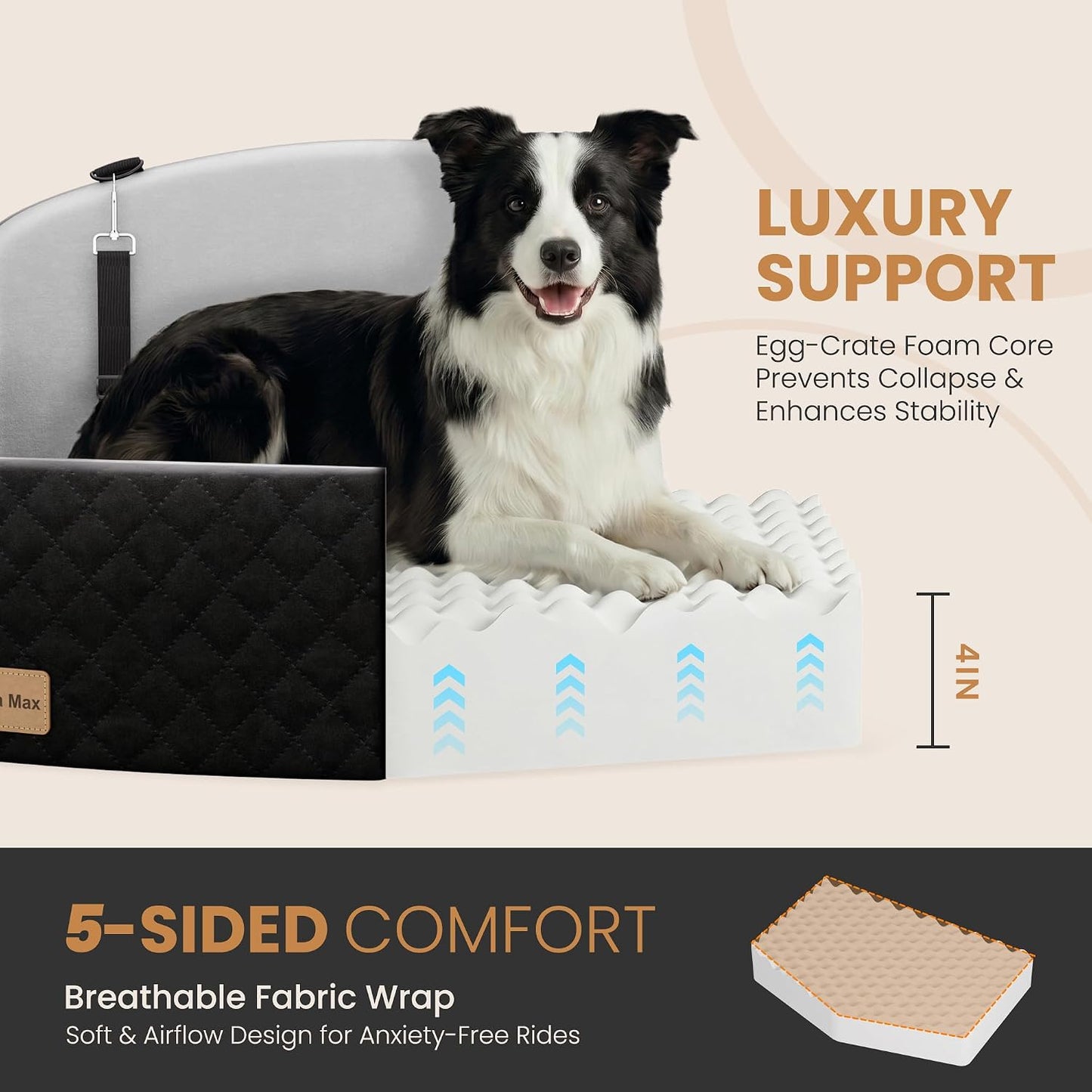Dog Car Seat for Medium/Large Dogs, Memory Foam Dog Booster Seat with Thick Cushion up to 55 lbs or 2 Small Dogs, Travel Pet Car Seat with Detachable Washable Cover, 2 Safety Leashes (Black/Grey)