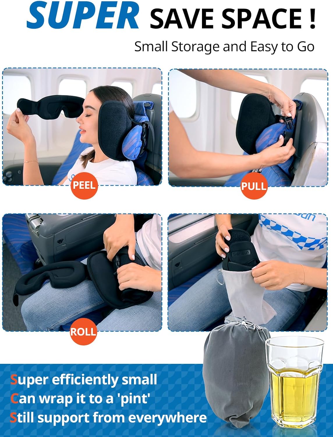 SARISUN Upgraded Travel Pillow, U-Shaped Airplane Headrest with Head Strap for All Heights, 360 Support, 3D Sleep Mask, 100% Light Blocking, Memory Foam, Long Flights Essentials, Stop Bobblehead, Grey