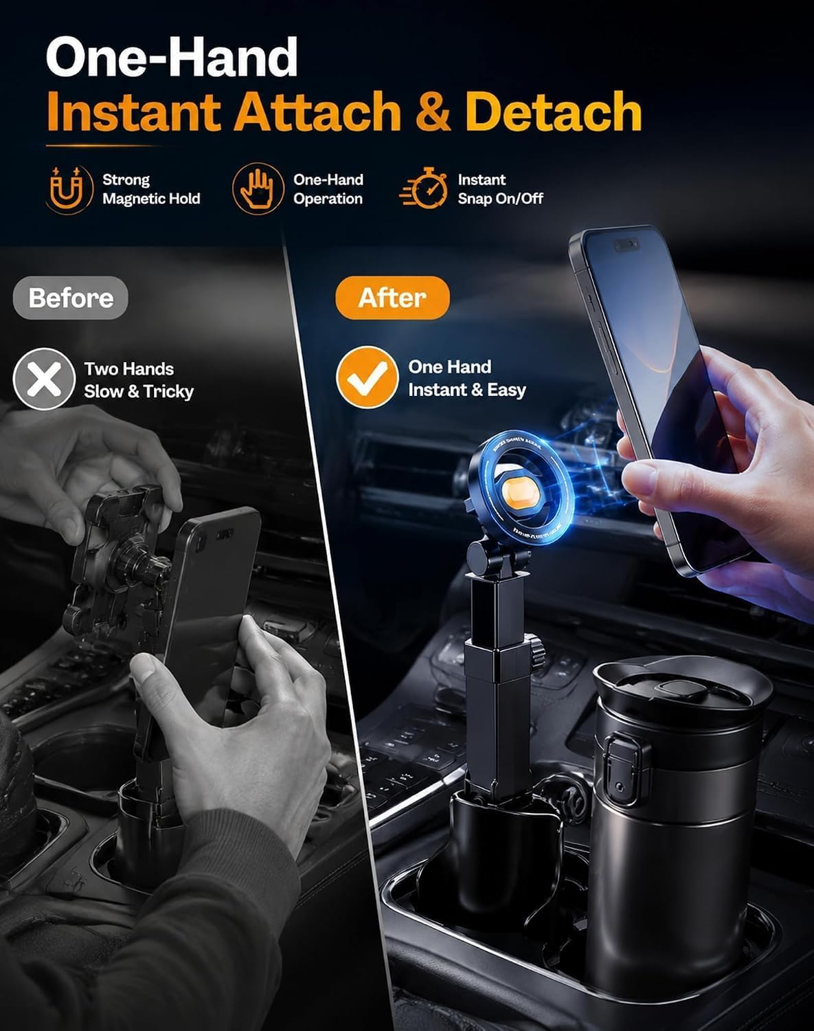 Car Cup Holder Phone Mount, 360° Adjustable, 2 in 1 One Hand Operation Car Holder, Adjustable Base Cupholder Phone Holder for All Phones(Magnetic)