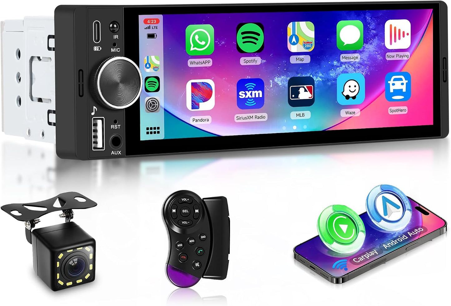 Single Din Car Stereo with Wireless CarPlay & Android Auto, 6.28" Incell Touchscreen Car Radio, Bluetooth, FM, USB, SWC, EQ, Backup Camera Included, 1 Din Car Audio Receiver