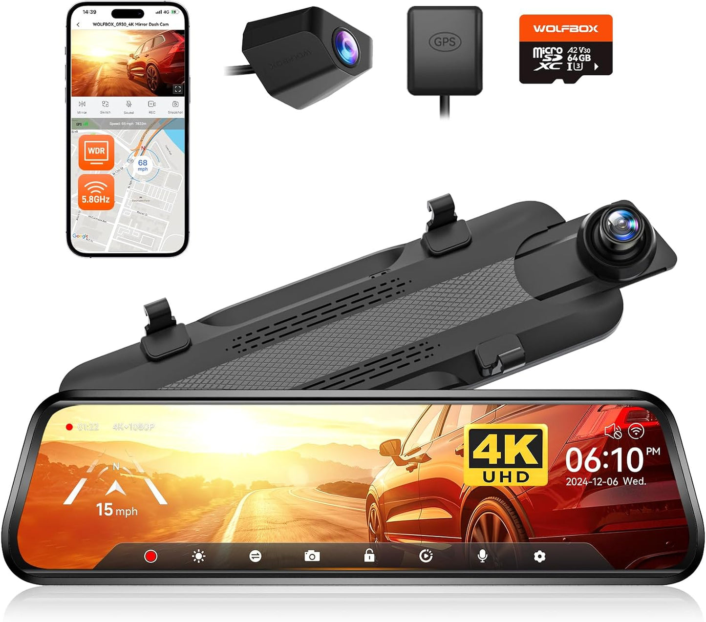 WOLFBOX G930 10'' Rear View Mirror Camera with 5.8GHz WiFi, 4K Dash Cam Front and Rear with WDR, Touch Screen Rearview Mirror Backup Camera, Parking Monitor, Reverse Assist, Includes 64GB Card & GPS