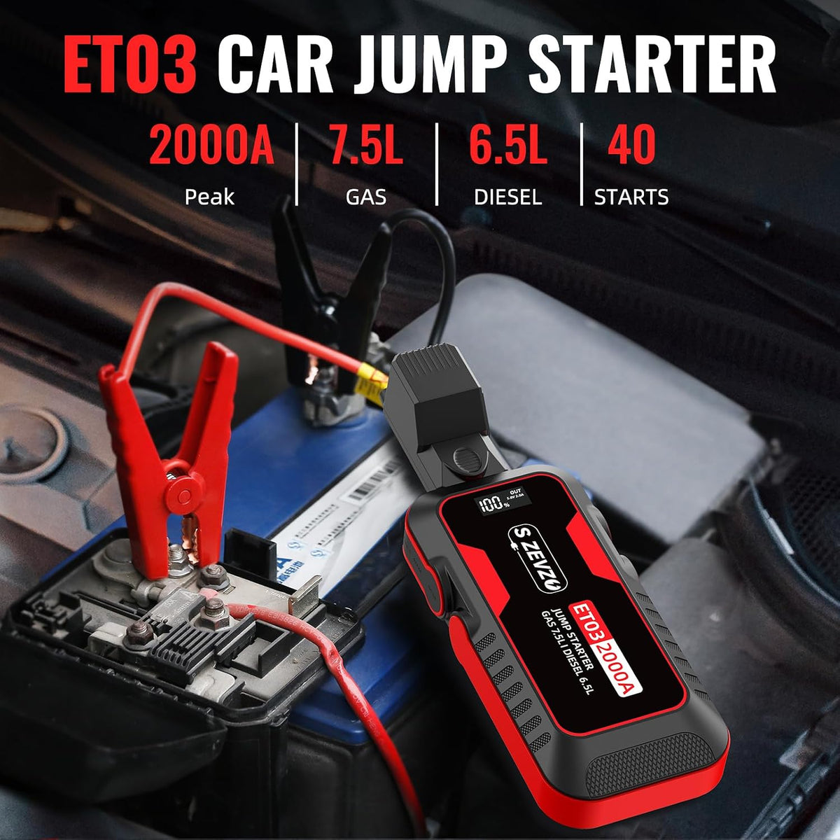 S ZEVZO ET03 2000A Car Jump Starter for 7.5L Gas and 6.5L Diesel Engines