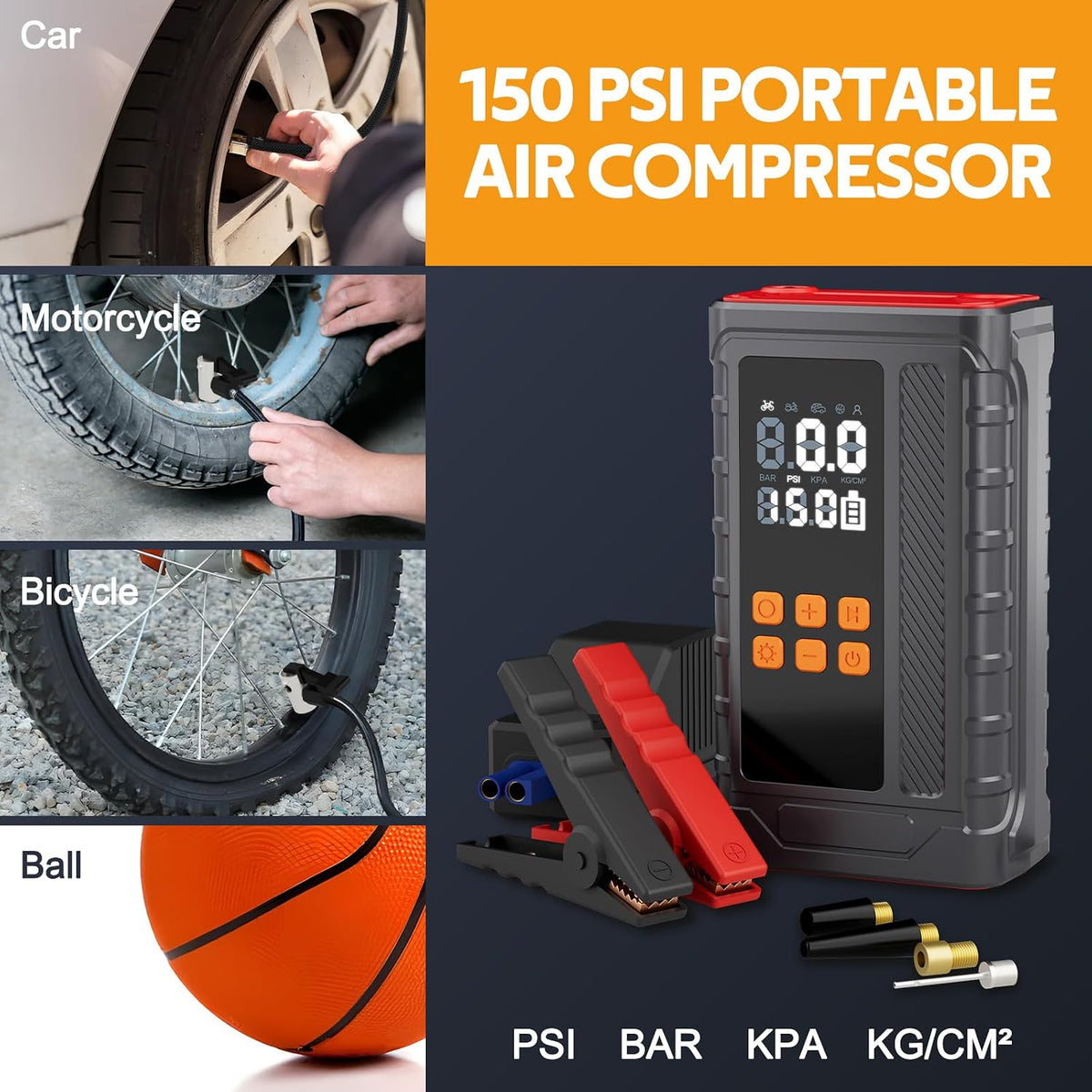 Portable Car Jump Starter with Air Compressor, 14.8V 2000 * 4mAh Battery Booster, 150PSI Tire Inflator, Power Bank & LED Flashlight for Roadside Emergencies & Travel