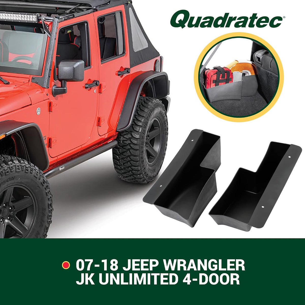 Quadratec Rear Wheel Well Storage Organizer Bin, 2-Piece Set for Left & Right Side - Fits Jeep Wrangler JK Unlimited 4-Door 2007-2018 - Interior Jeep Wrangler Accessories - Cargo Area Storage Box