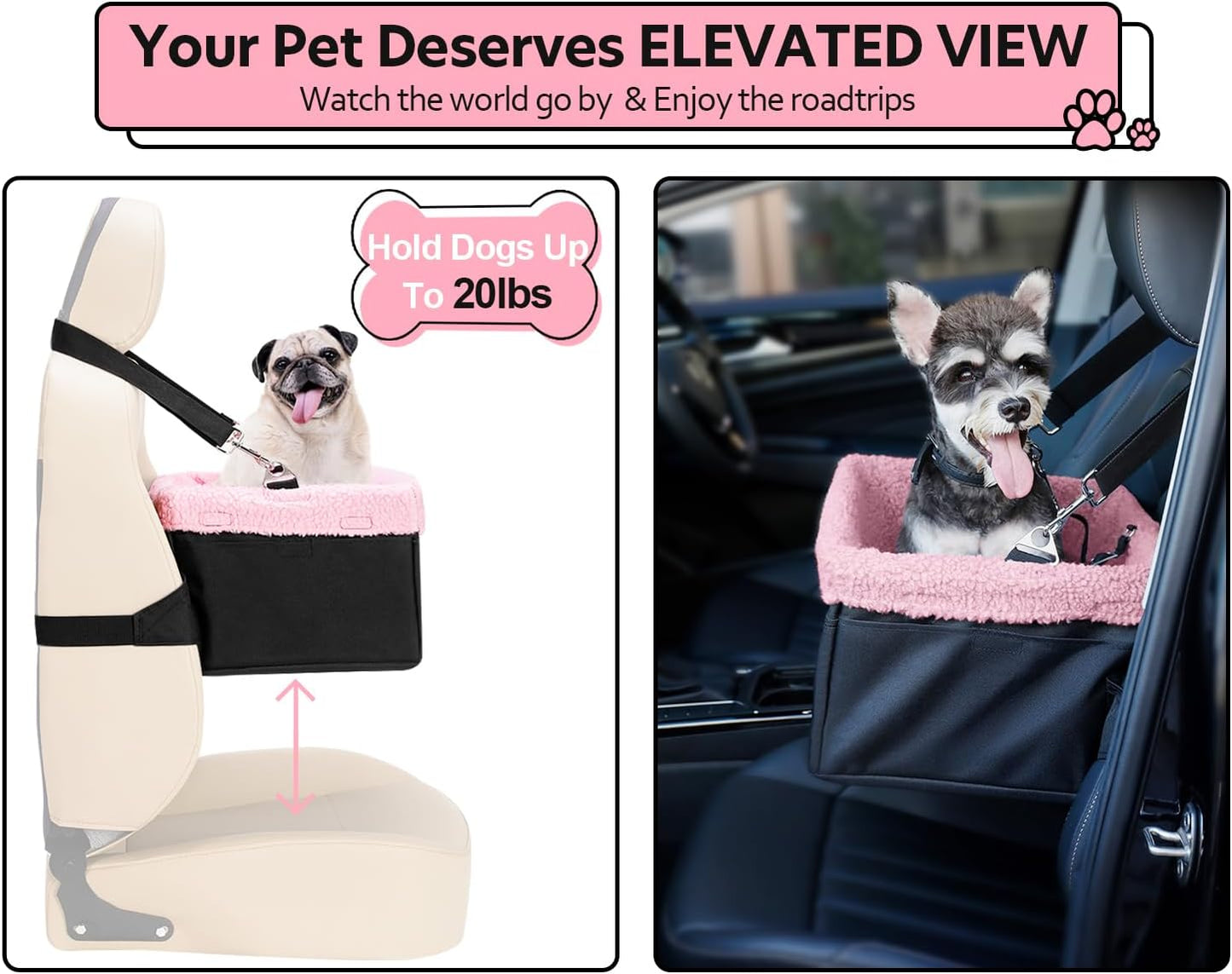 Dog Car Seat for Small Pets Under 20lbs, Booster Seat with Metal Frame, Double-Layer Oxford Fabric, Safety Leash for Dogs and Cats