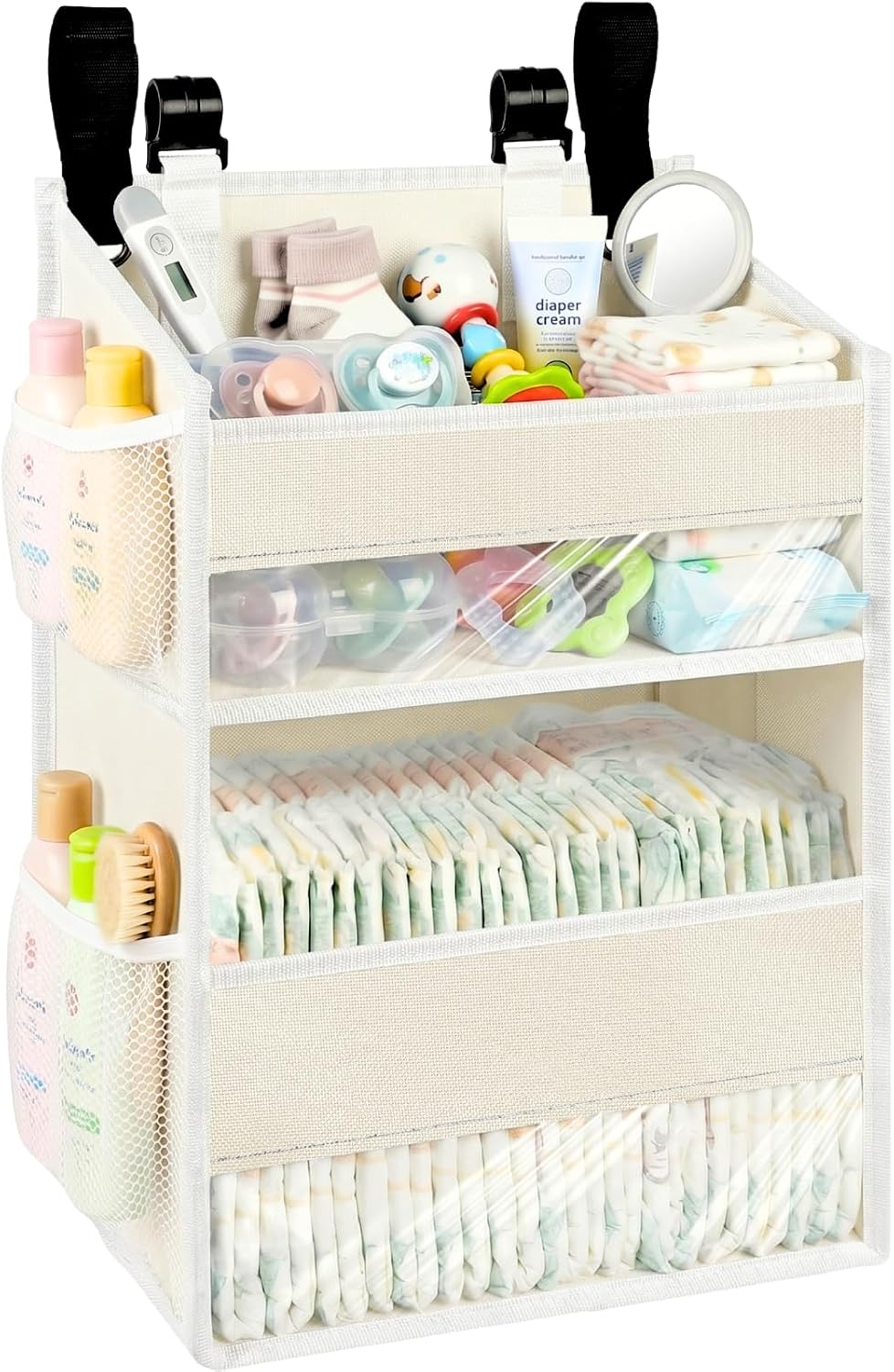 Hanging Diaper Organizer, 2 Tier Hanging Diaper Caddy, Holds 90+ Diapers | Diaper Organizer for Changing Table,Cribs,Car,Playard or Wall & Nursery Organization, 4 Mesh Pockets, Won't Deform, Beige