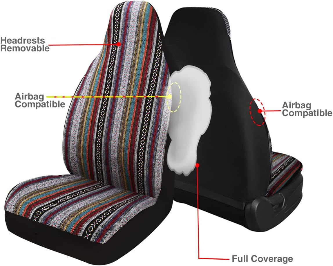 Baja Saddle Blanket Car Seat Covers 7PCS Full Set, Breathable and Washable Striped Woven Automotive Vehicle Seat Cover, Universal Seat Cover for Sedan, SUV, Airbag Compatible