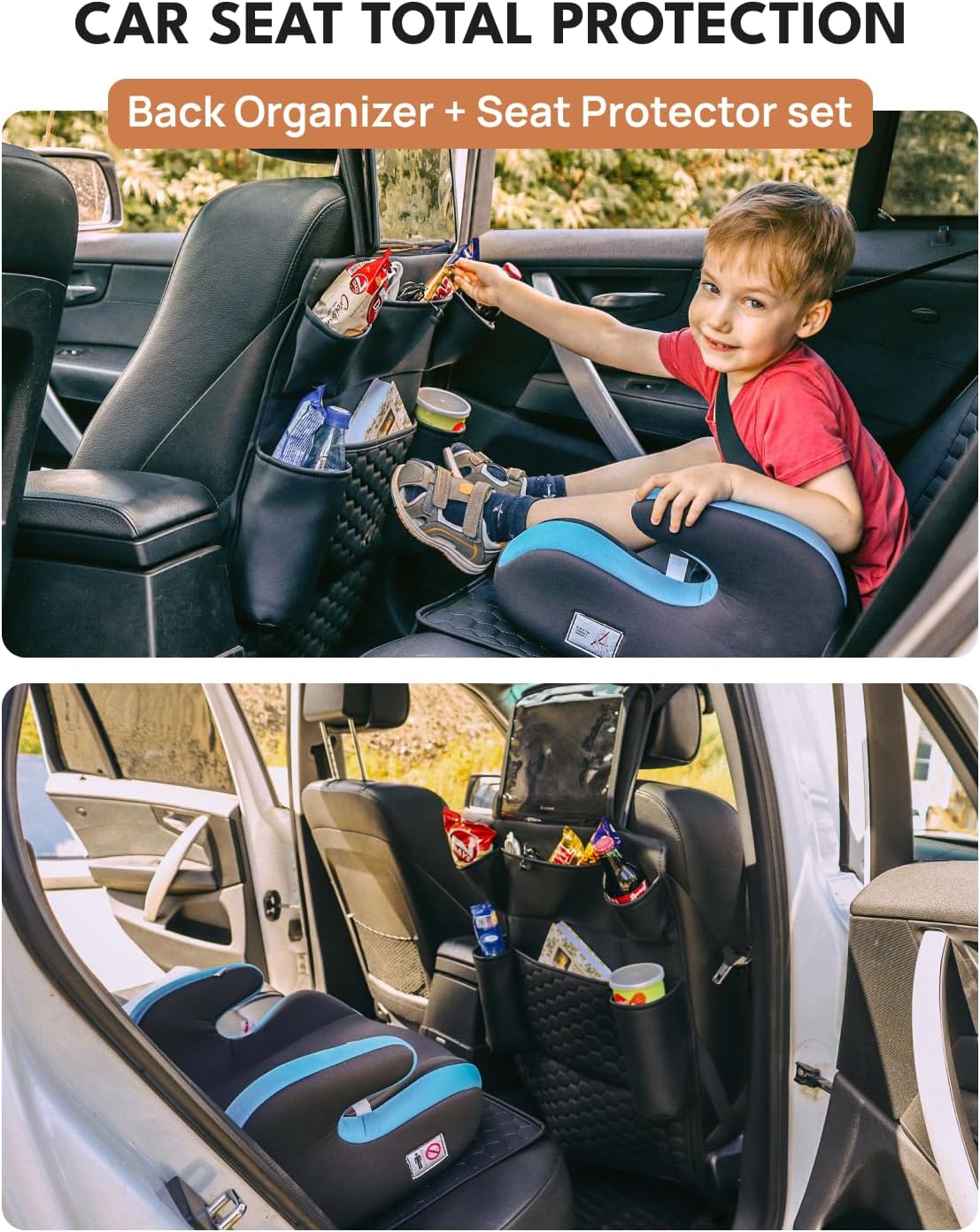 Owleys Back Seat Organizer for Kids with Seat Protector, Black Set