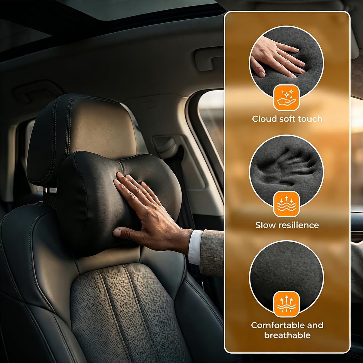 Car Headrest Pillow, Soft Memory Foam Car Neck Support Pillow for Pain Pressure Relief, Breathable Auto Interior Head Rest Cushion with Adjustable Strap for Comfortable Driving (Black)