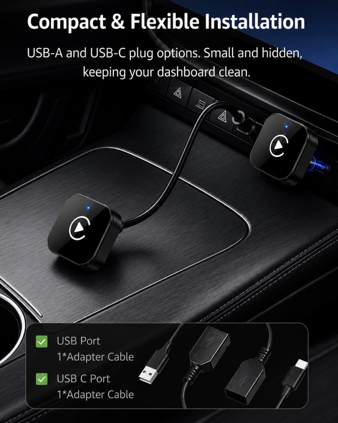 Wireless CarPlay & Android Auto Adapter, 2026 Plug & Play 2-in-1 USB/USB-C Car Dongle, Fast Bluetooth 5.4 & 5GHz WiFi Auto-Connect Wireless Converter for iPhone & Android (Dark Black)